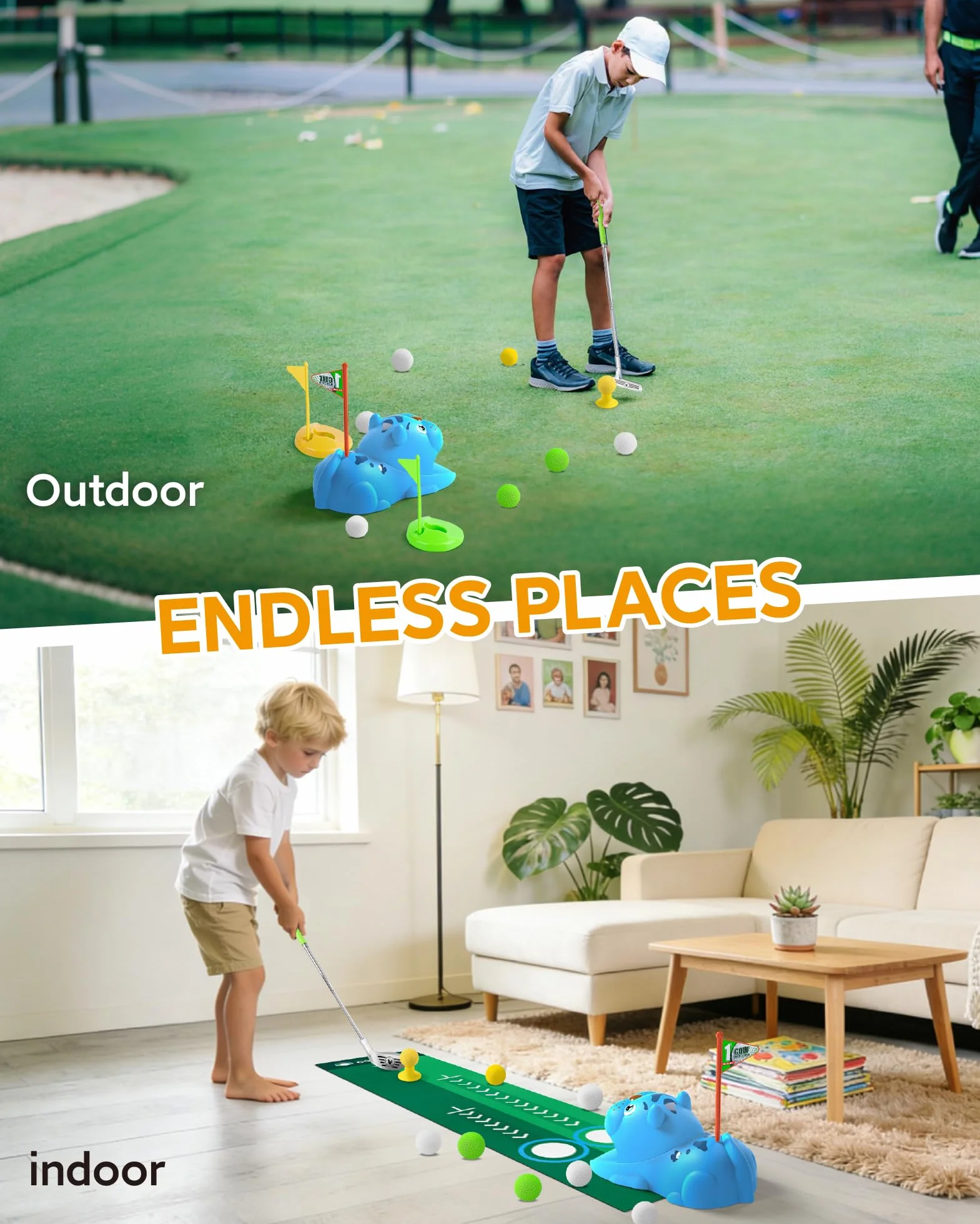Set de Mini Golf para Niños con Devolvedor Automático de Bolas, Juegos de Golf Interior y Exterior con Pelotas Noctilucent Luminosa LED, 3 Palos Telescópicos, Regalo para Niños y Niñas desde 3 Años