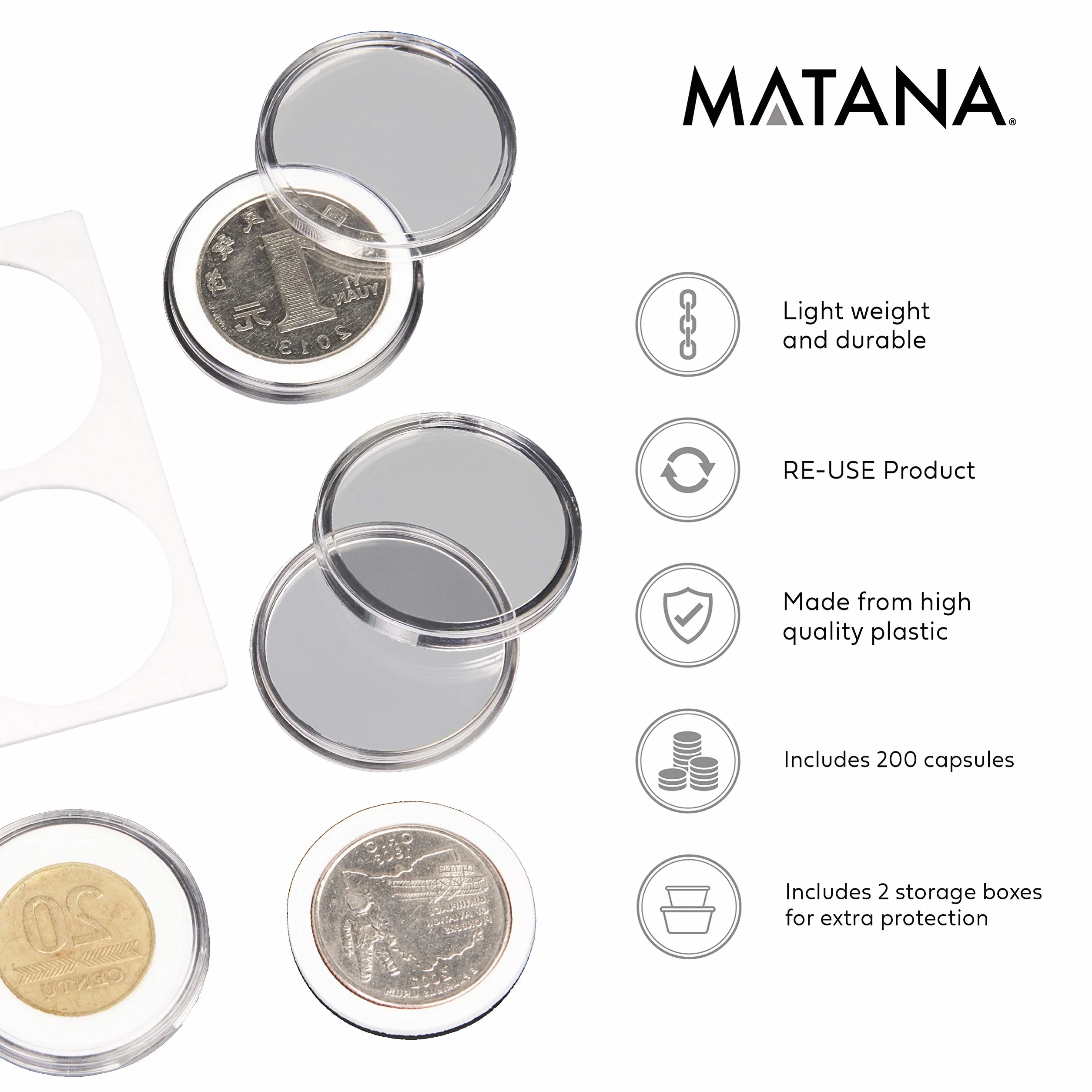 MATANA - 200 Piezas Cápsulas de Soporte de Monedas (33mm) - Estuche Plastico con Juntas de EVA - Caja Clasificadora de Almacenamiento y Colección de Monedas