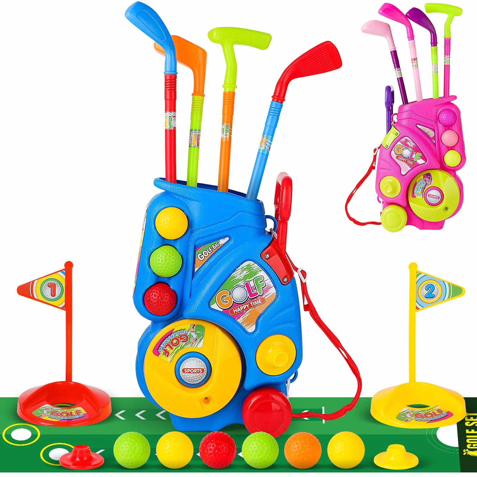 deAO Juego de Golf para Niños con Carrito Almacenamiento, 18 Pcs Golf Set, 4 Palos, 6 Pelotas, 2 Hoyos, Alfombrilla Putting - Juguetes Deportivos Interior Exterior Regalo Niñas Niños 3-6 Años (Azul)