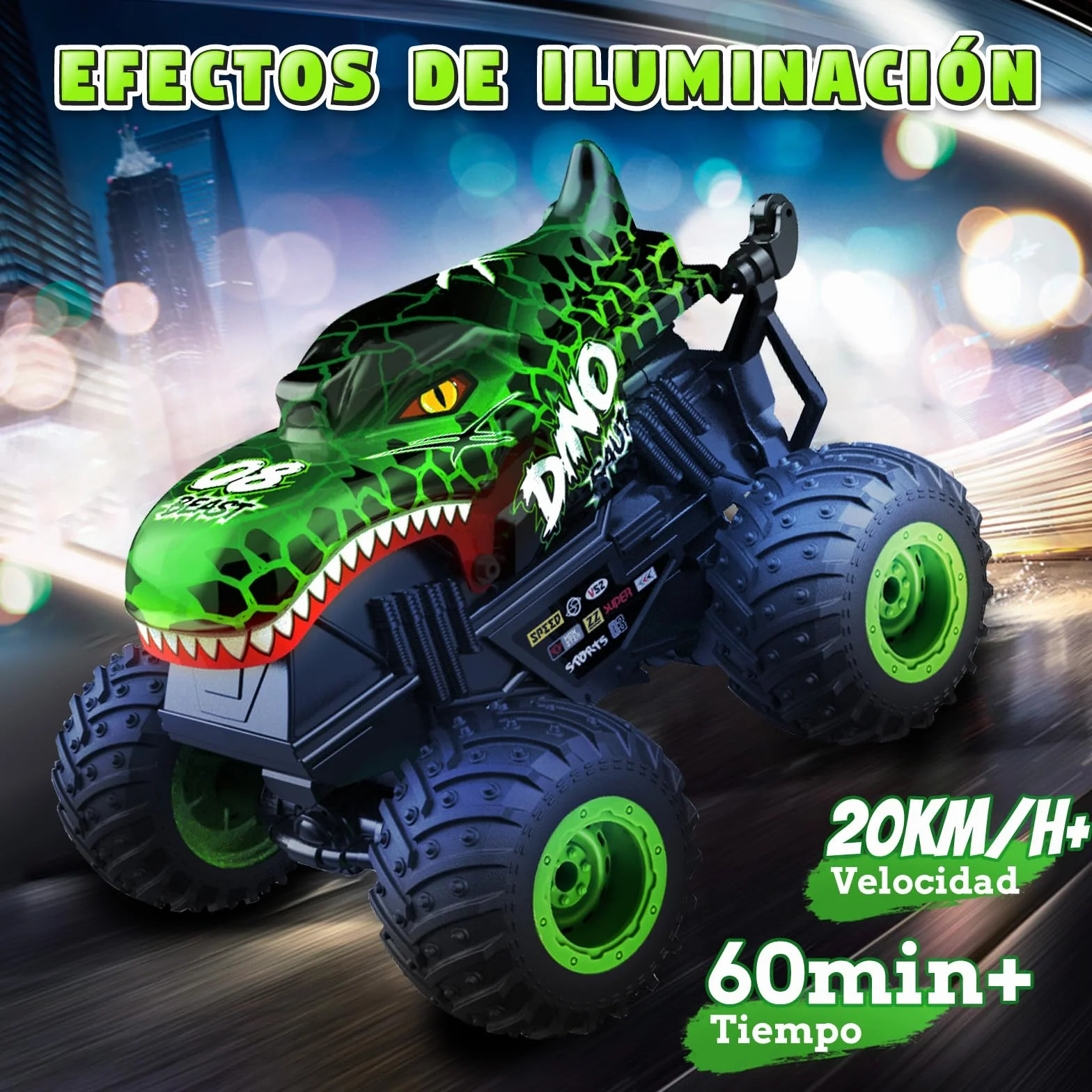 IEEILULU Coche teledirigido dinosaurio, todo terreno RC Cars con rotación de 360°, luz LED, RC Monster truck recargable, juguete de dinosaurio, regalo para niños a partir de 3, 4, 5, 6, 8, 10 años