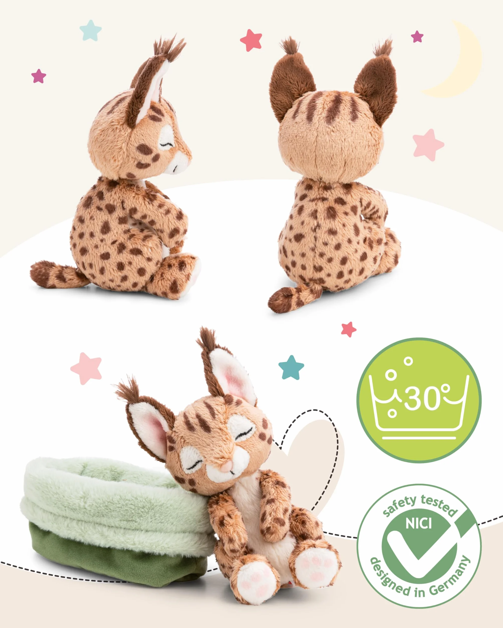 NICI Peluche caracal 12 cm durmiendo en una cestita, marrón, Peluches Decorativos, Juegos para niños, Ideas para Regalar - 62874
