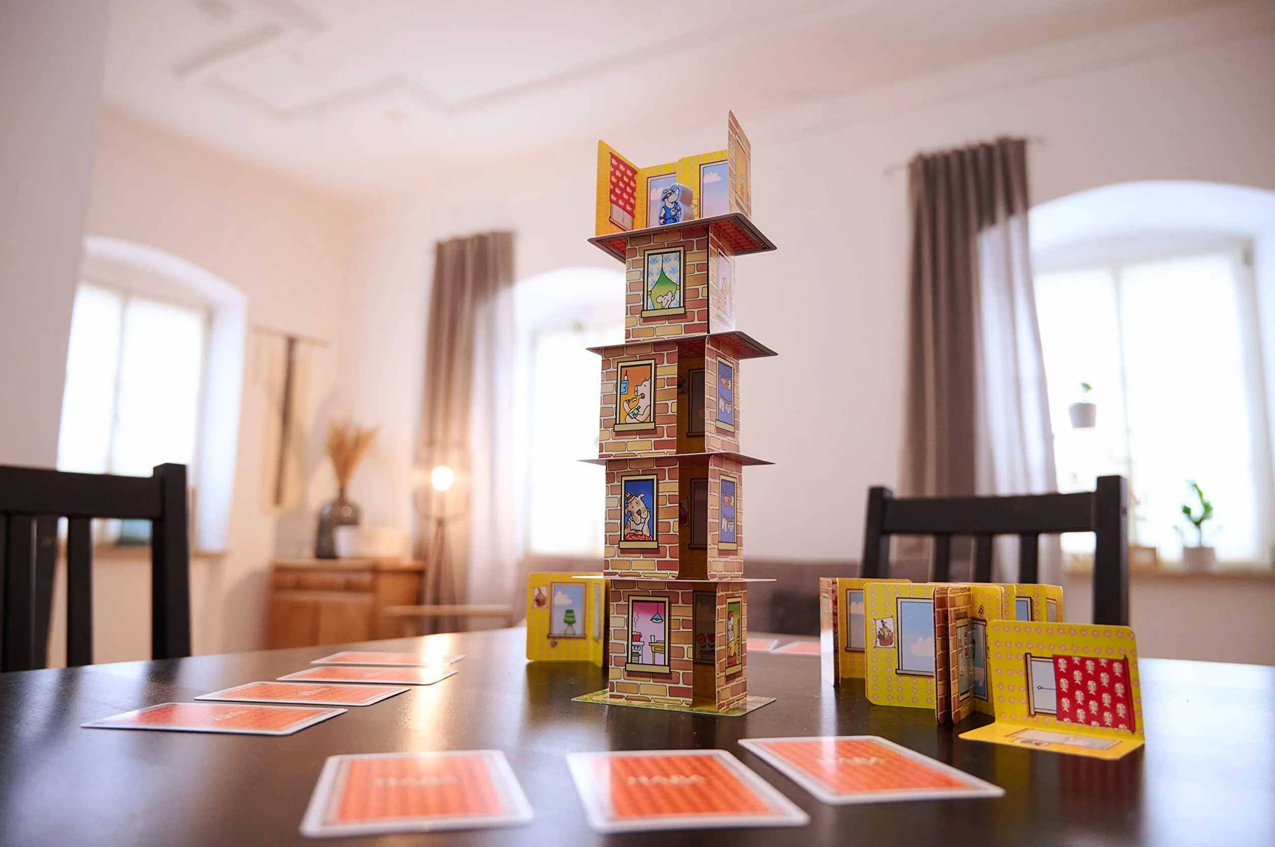 HABA Rhino Hero apilamiento en 3D, Mesa Infantil de 2 a 5 Jugadores, 5 años o más, Juego de acción para Toda la Familia, tamaño pequeño, Multicolor (302203)