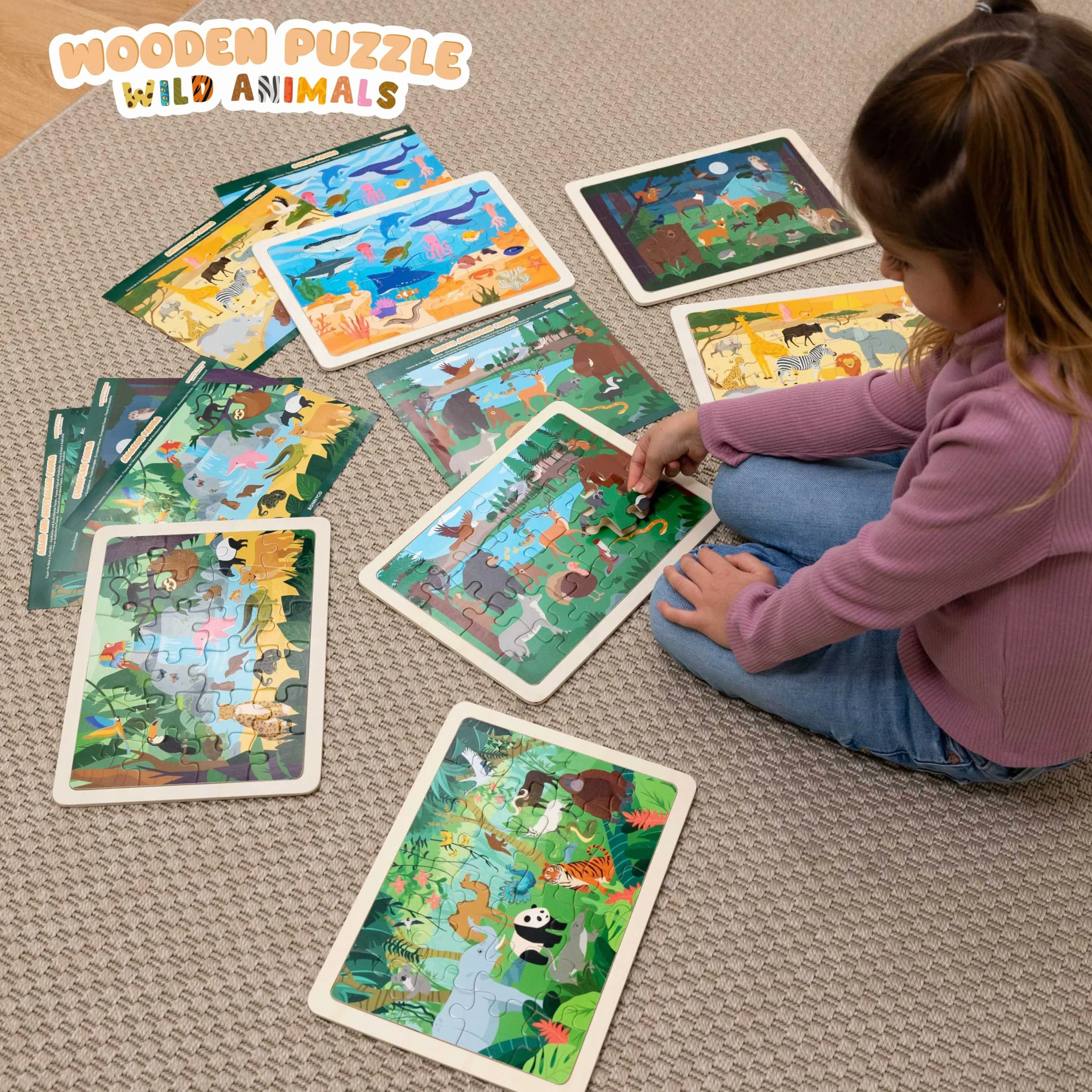 BONNYCO Puzzle Madera para Niños 6 Sets 24 Pcs, Animales Ecosistemas, Juguetes Educativos 3-8 Años