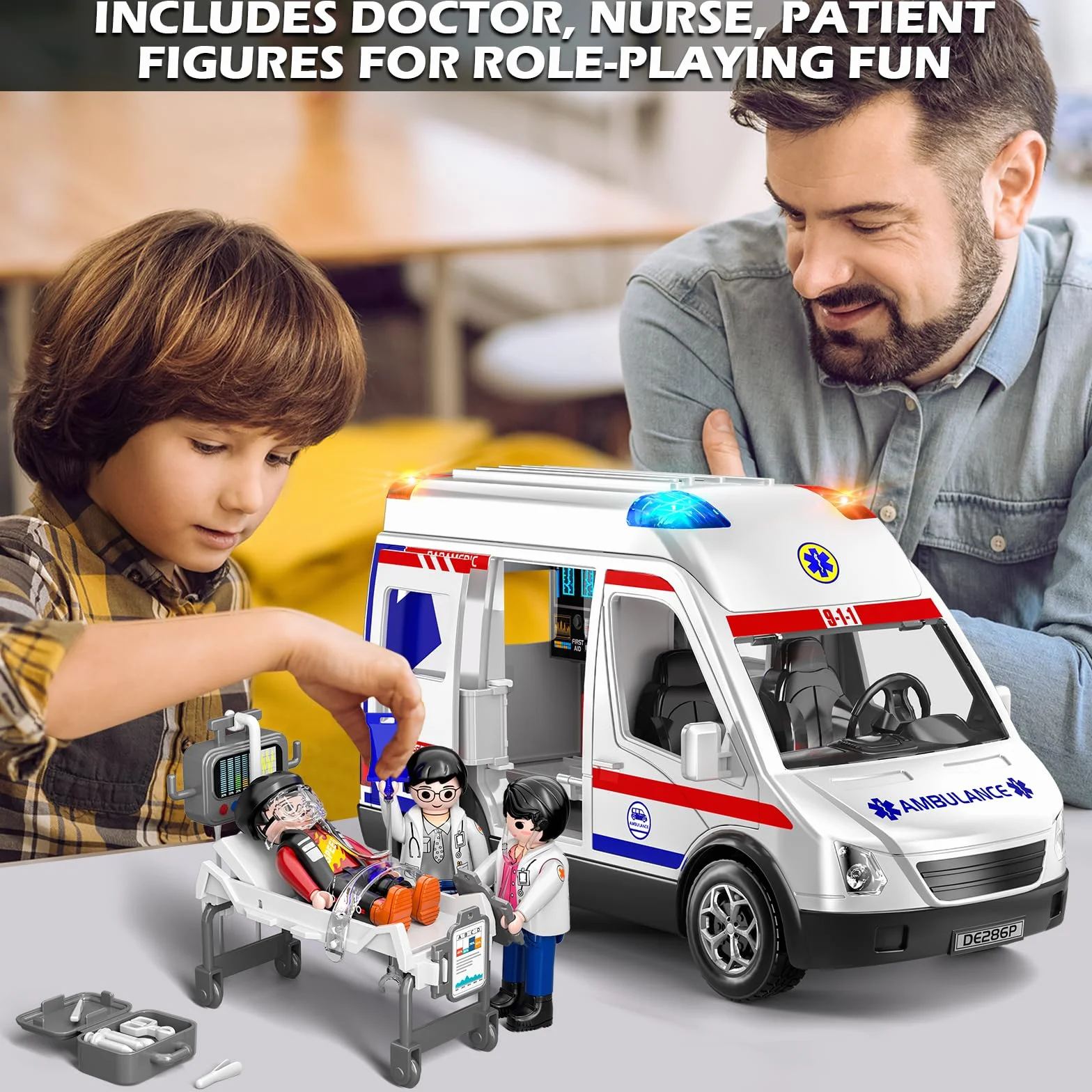 Doloowee Juguete de ambulancia para niños de 3, 4, 5, 6, 7, 8 años, camión de fricción con luz y sonido, vehículos de emergencia para niños y niñas, regalos para niños y niñas de 3 a 12 años