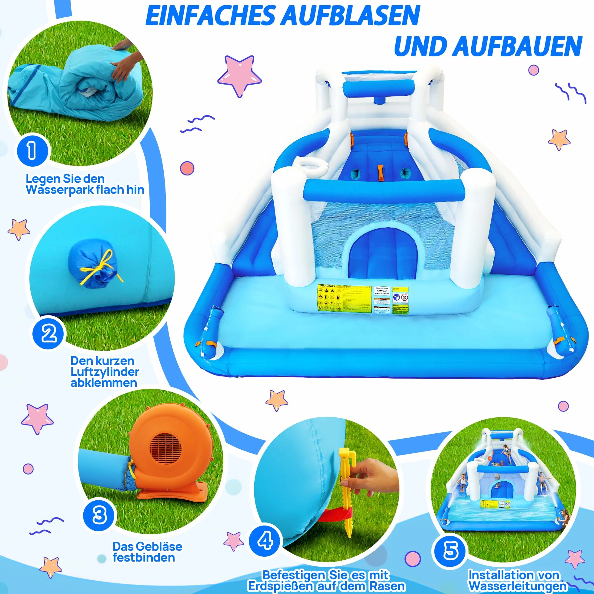Castillo hinchable con tobogán acuático, trampolín, canasta de baloncesto y 2 pistolas de agua, castillo hinchable para niños, adecuado para jardín y fiesta