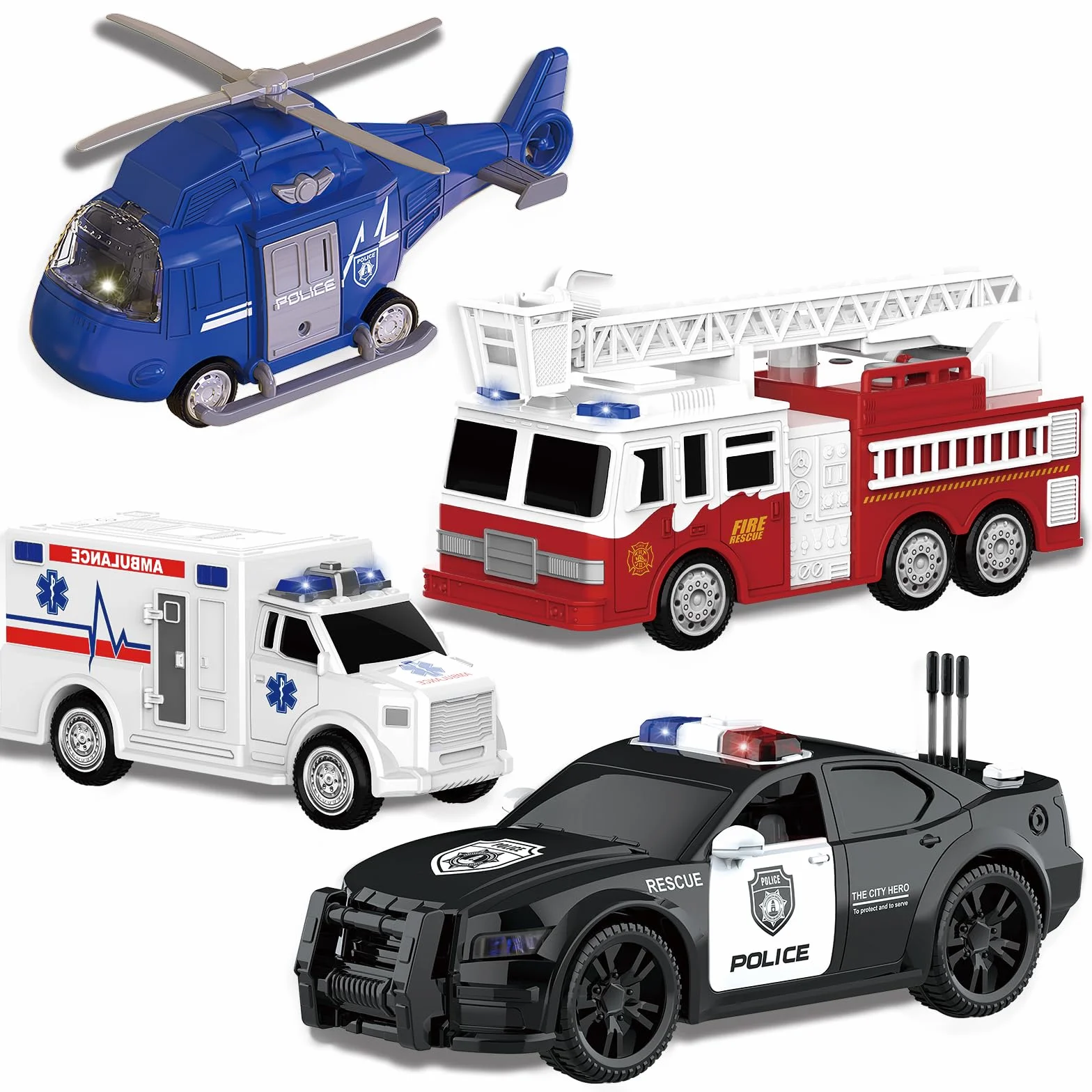 Doloowee 4 Pack Vehículo de Emergencia Juguetes Playsets para Niños, Helicóptero de Rescate, Coche de Policía, Camión de Bomberos, Ambulancia Coche Juguetes Regalo para Edad 3-12 Niños Niñas