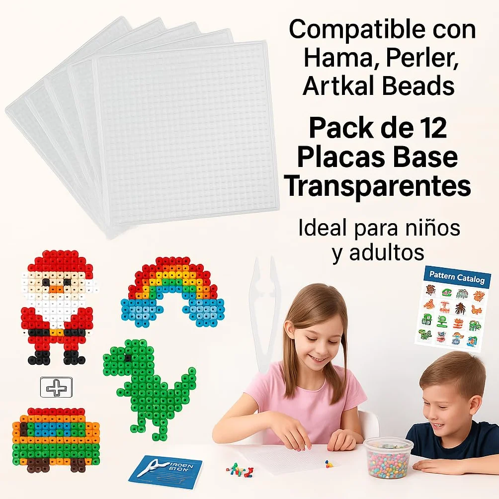 12 Placas cuadradas transparentes Juego de Cuentas Beads - 14.5 x 14.5 cm 2 Pinzas,Papel de Planchado, Libro Hama 90 patrones Transparente placa interconectable
