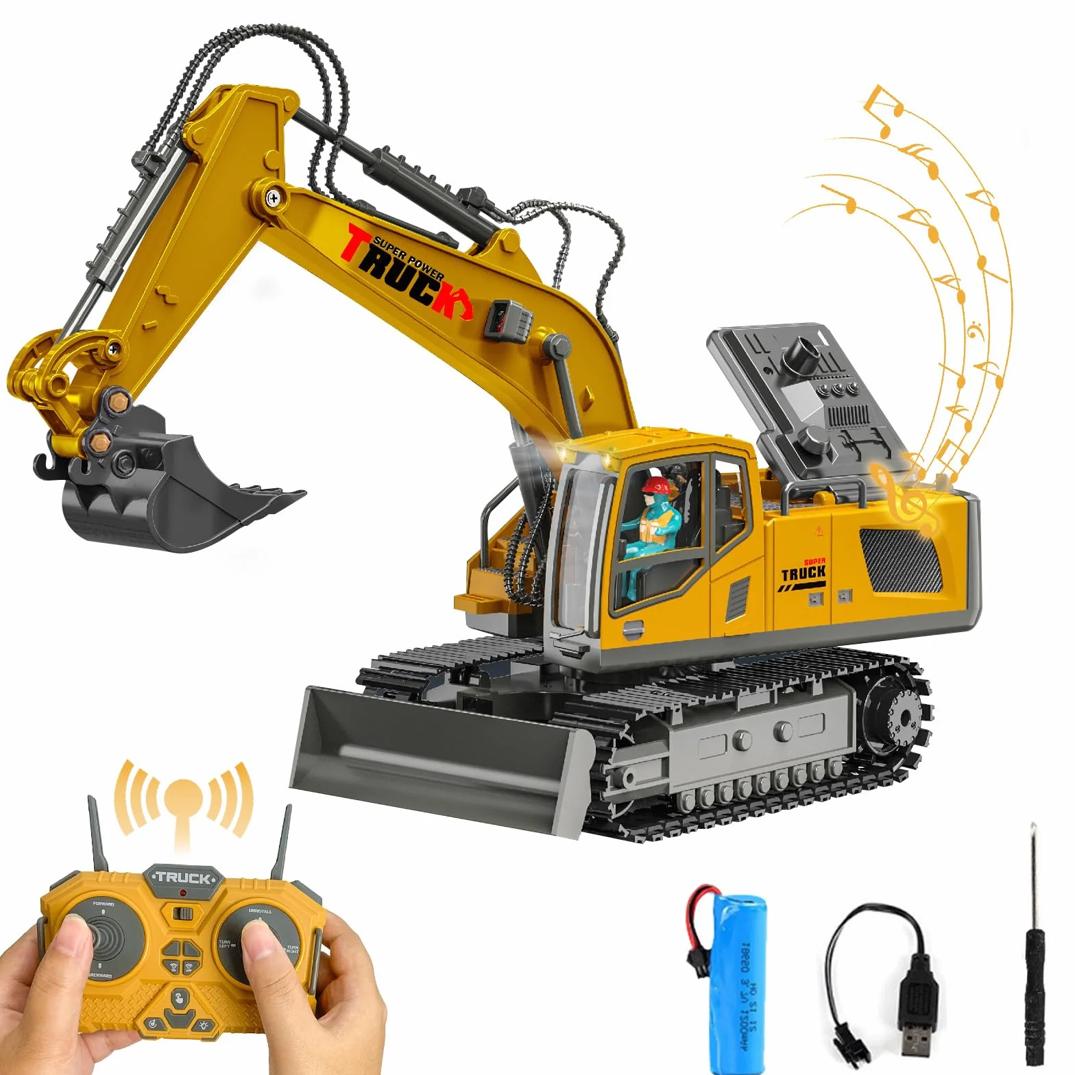 RedCrab Excavadora Teledirigido para Niños, 2.4 GHz Recargable RC Excavadora con el Cubo del Metal, Rotación 680°, Luz y Sonido, Juguete Camión Excavador Regalo de Cumpleaños Navidad