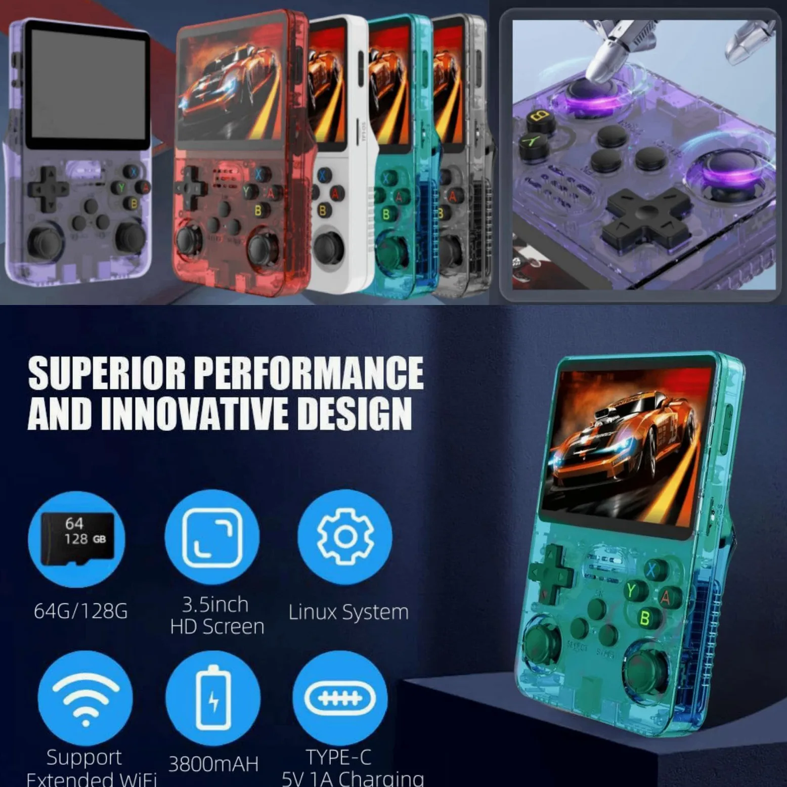 Portable Retro Handheld Game Console, 3.5inch IPS Screen, 10+ Mainstream Emulator, 64G TF Card, 15000+ Classic Games, 3500mAH Battery (64G Green)