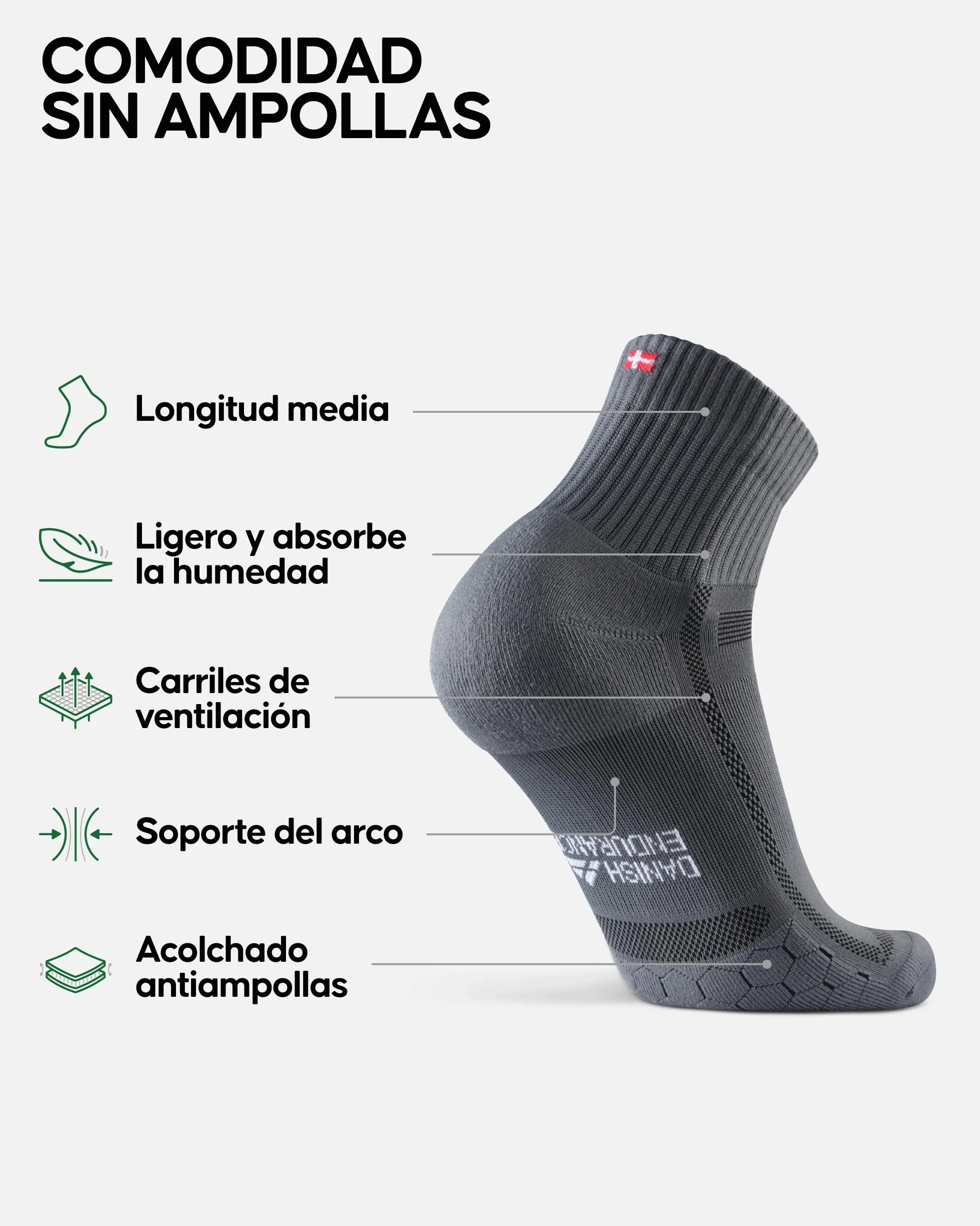 DANISH ENDURANCE Calcetines de Running Unisex Antideslizantes Antiampollas 3 Pack