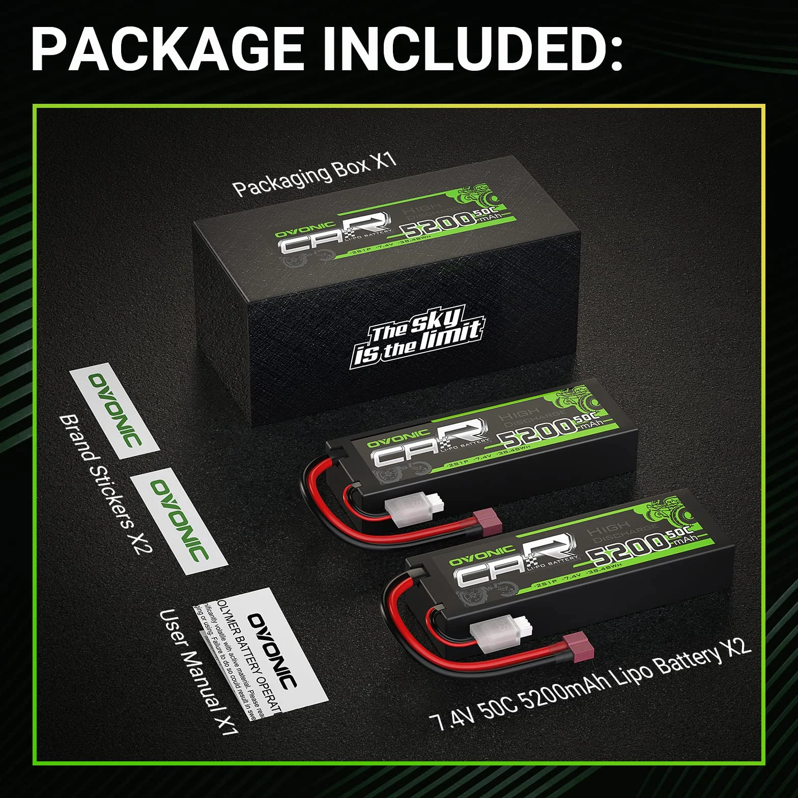 OVONIC Batería Lipo 2s 7,4 V 50 C 5200 mAh con conector T Deans Style para RC Car Truck (2 unidades)