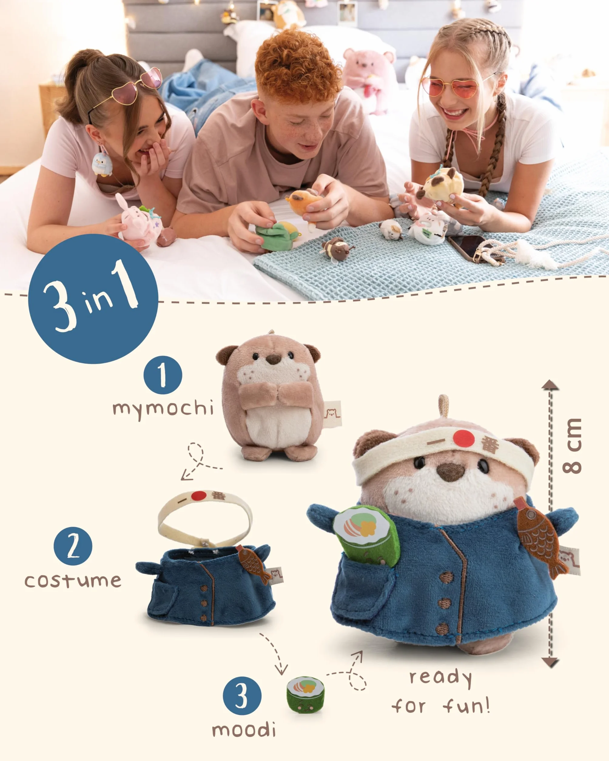 NICI Peluche Nutria Jiro 8 cm con Sushi y Disfraz de Cocinero en Caja de Regalo - Diseño Kawaii para niños y Adultos