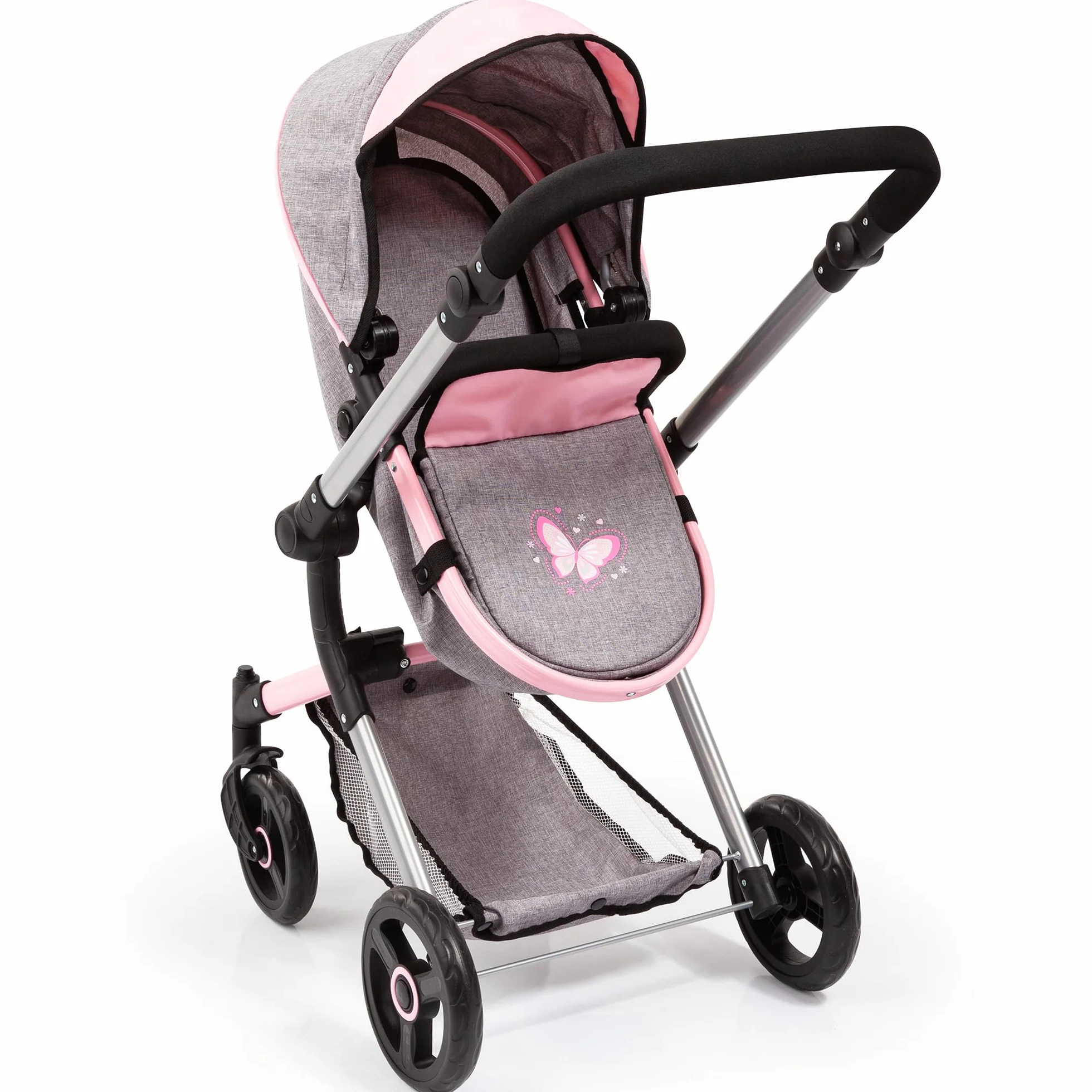 Bayer Design Cochecito de Muñecas Neo Vario Combolso Cambiador Convertible Plegable Vaqueros Grises Rosa Mariposa