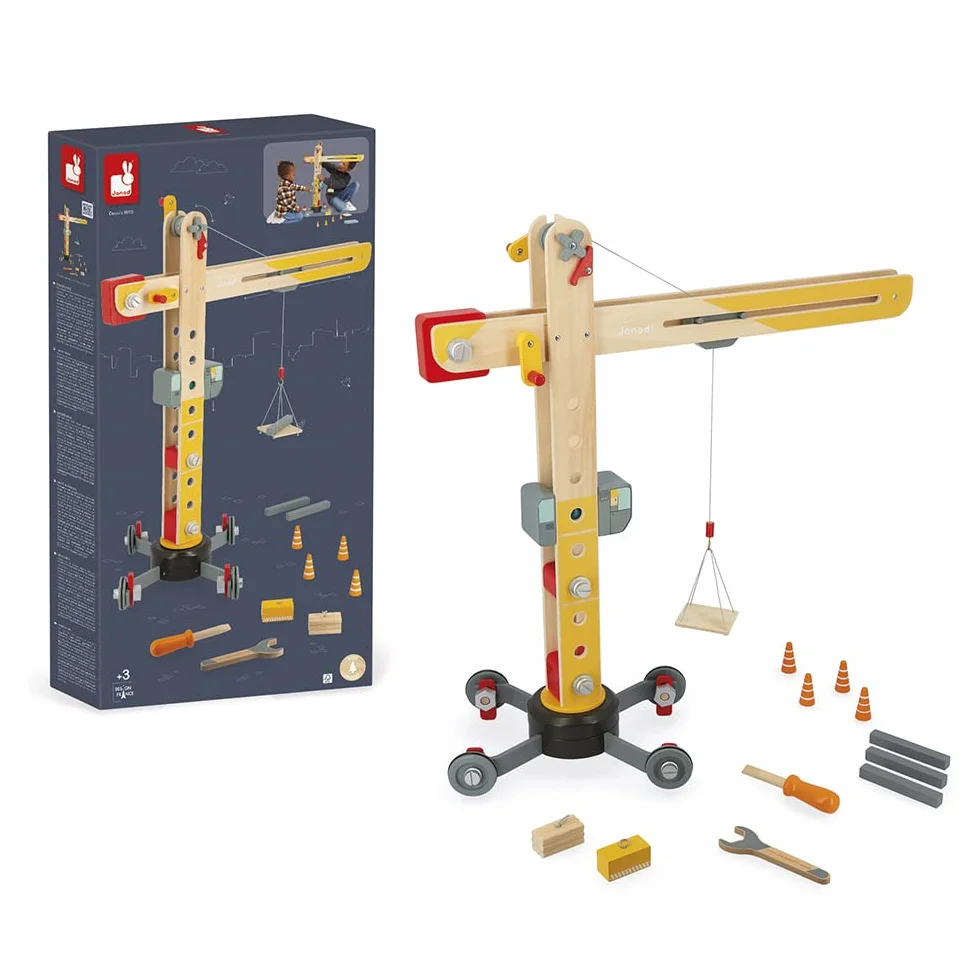 Janod - Grúa Grande de Madera 74 cm - Juguete de Imitación - Juego de Construcción - Rotación 360° y Móvil - 12 Accesorios - Certificado FSC - A Partir de 3 Años, J06468