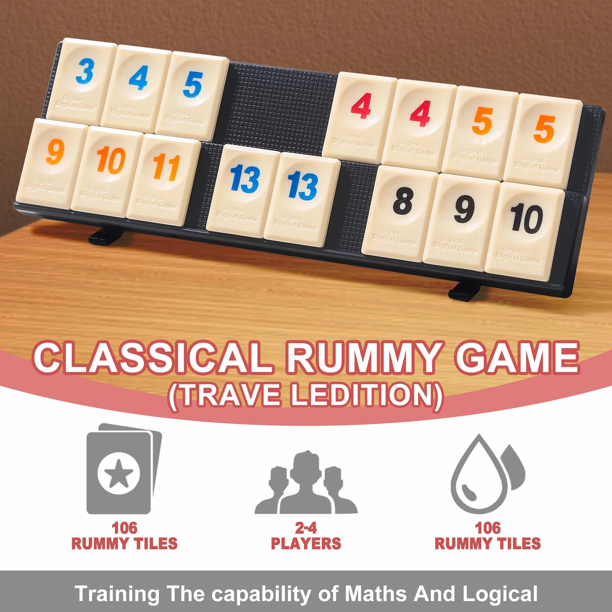 AIUAZA Juego de Rummy Cube con bolsa portátil, mini juego de Rummy Cube para adultos y niños, 106 fichas, soporte de juego, set de viaje con 4 portafichas para juegos de mesa clásicos familiares