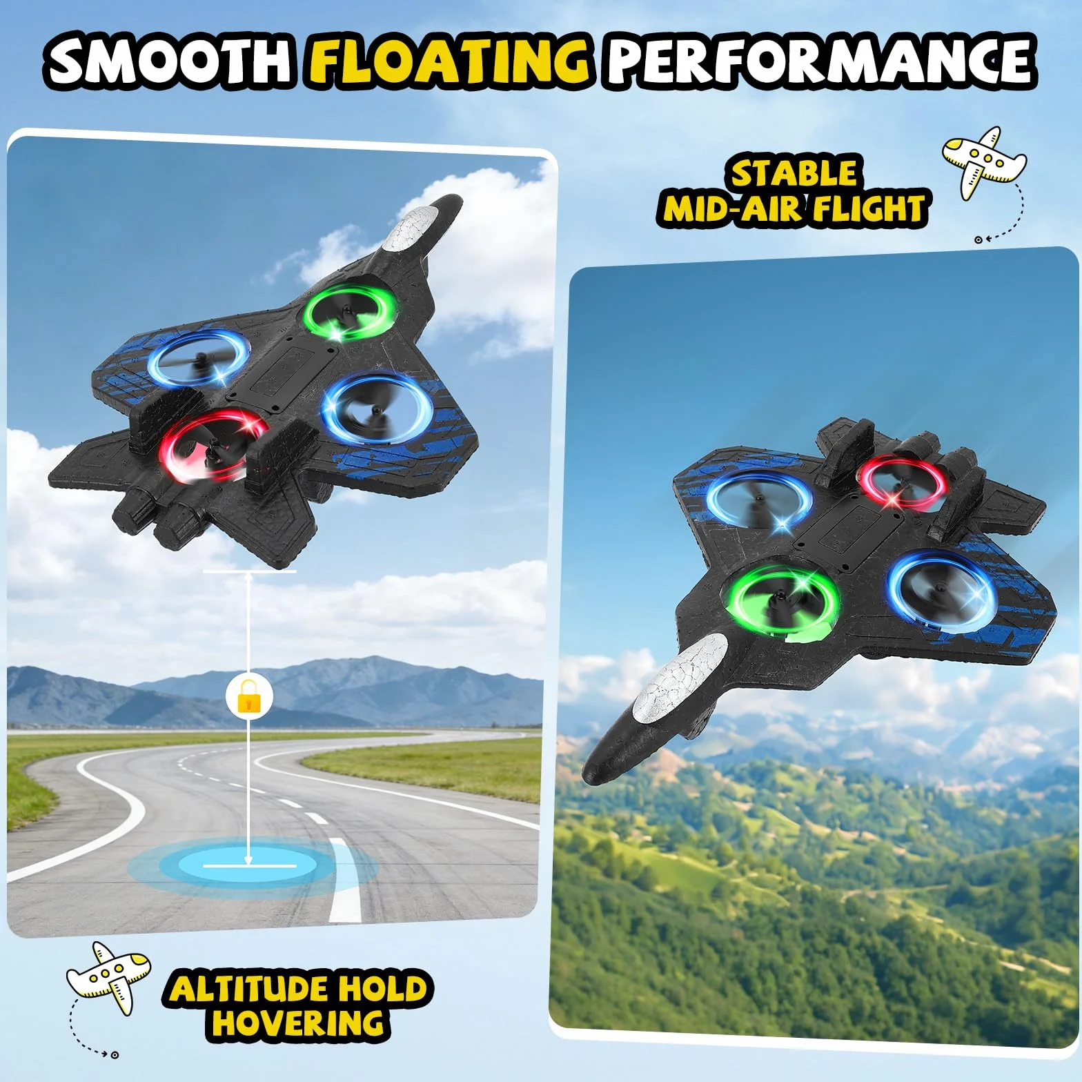 Avión de control remoto, doble control (mando a distancia y mando a mango), RC Avión 360° Rotación, 3 velocidades, con luz LED y hélice de repuesto, avión exterior para niños (azul)