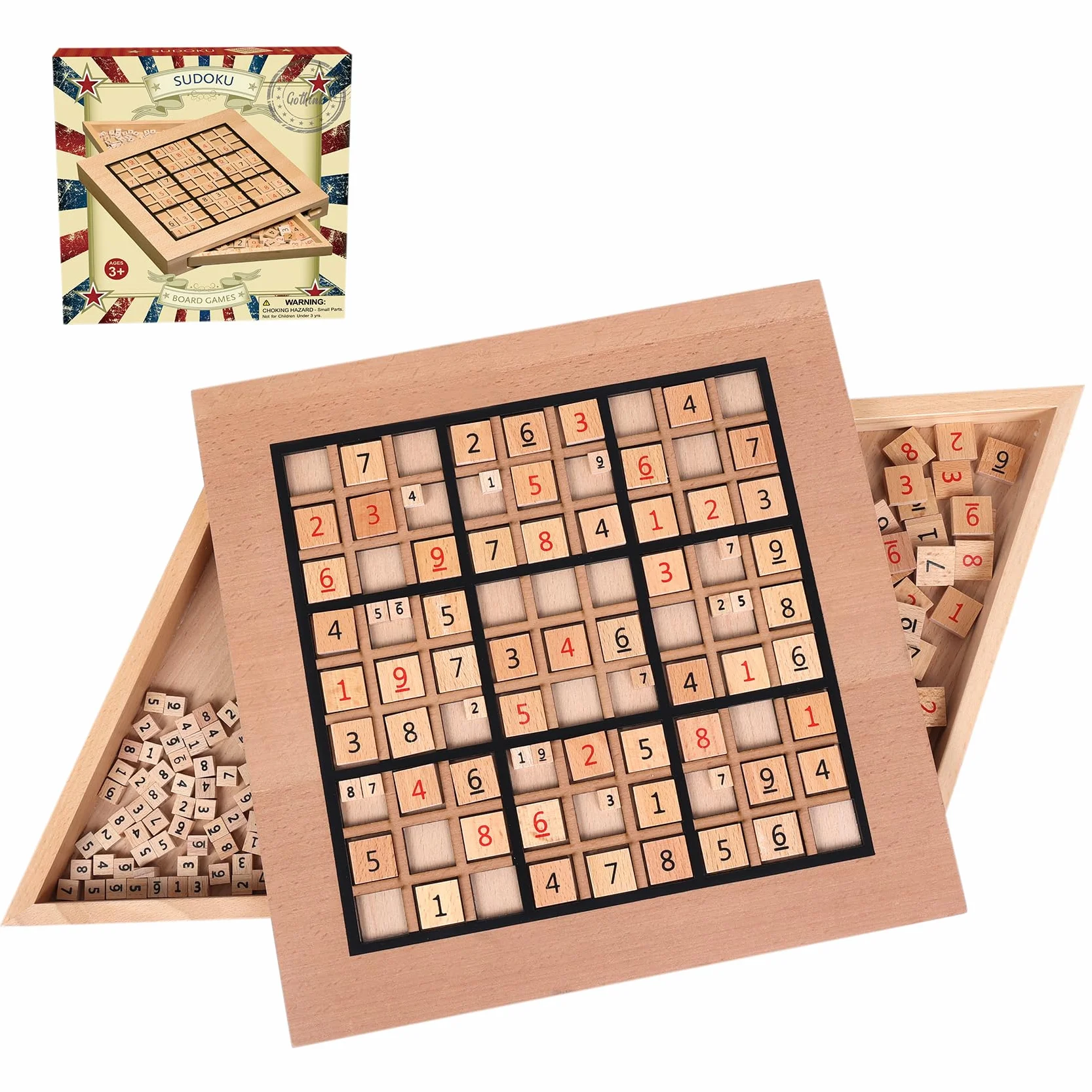 Juego de Sudoku de Madera con 90 Fichas de Números Grandes y 2 Cajones