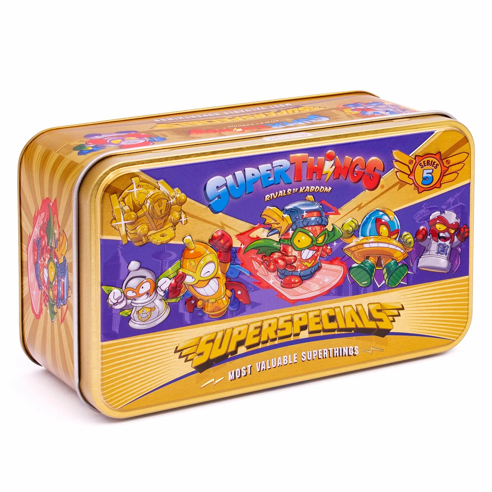 SUPERTHINGS Lata Gold Serie 5, Incluye el ultrararo (Kid Fury), los 2 líderes Dorados, los 6 capitanes Plateados y los 2 Aerowagons Dorados