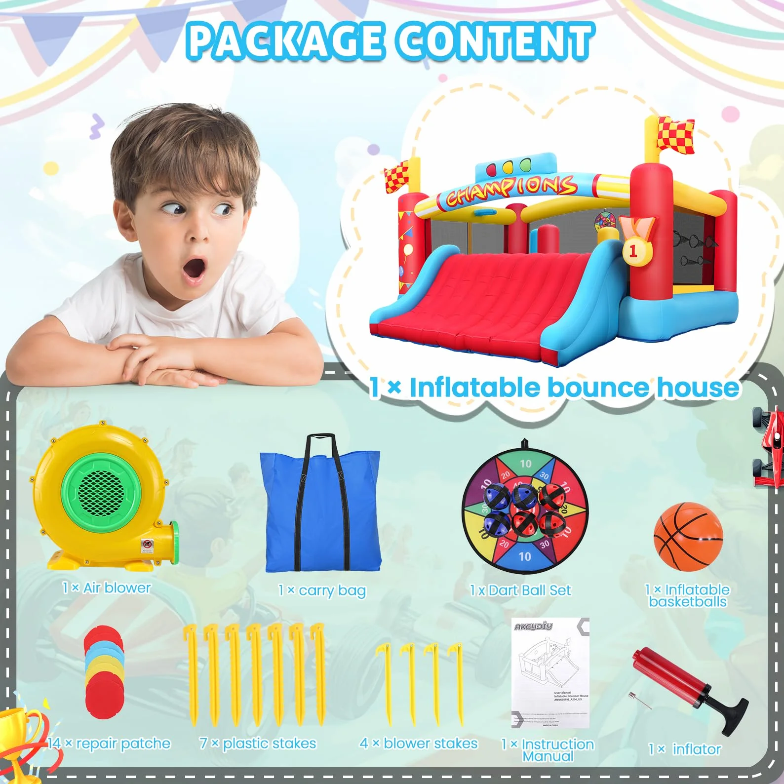 AKEYDIY Gran Casa de Rebote Inflable para Niños Grandes, Casa Hinchable con Tobogán Extra Ancho/Temas de Carreras de Escalada para Centro de Juego - Obstáculos de Patio Trasero, Castillo Hinchable