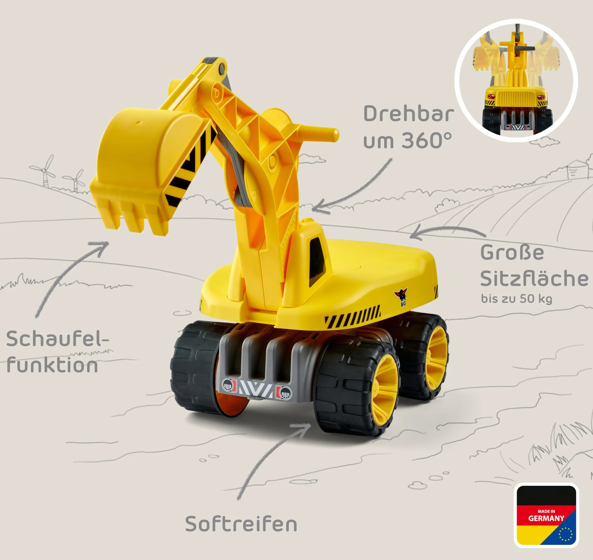 BIG - 800055811- Maxi Excavadora Power Worker- Amplio Asiento para el niño con Giro 360º- a Partir de 3 años