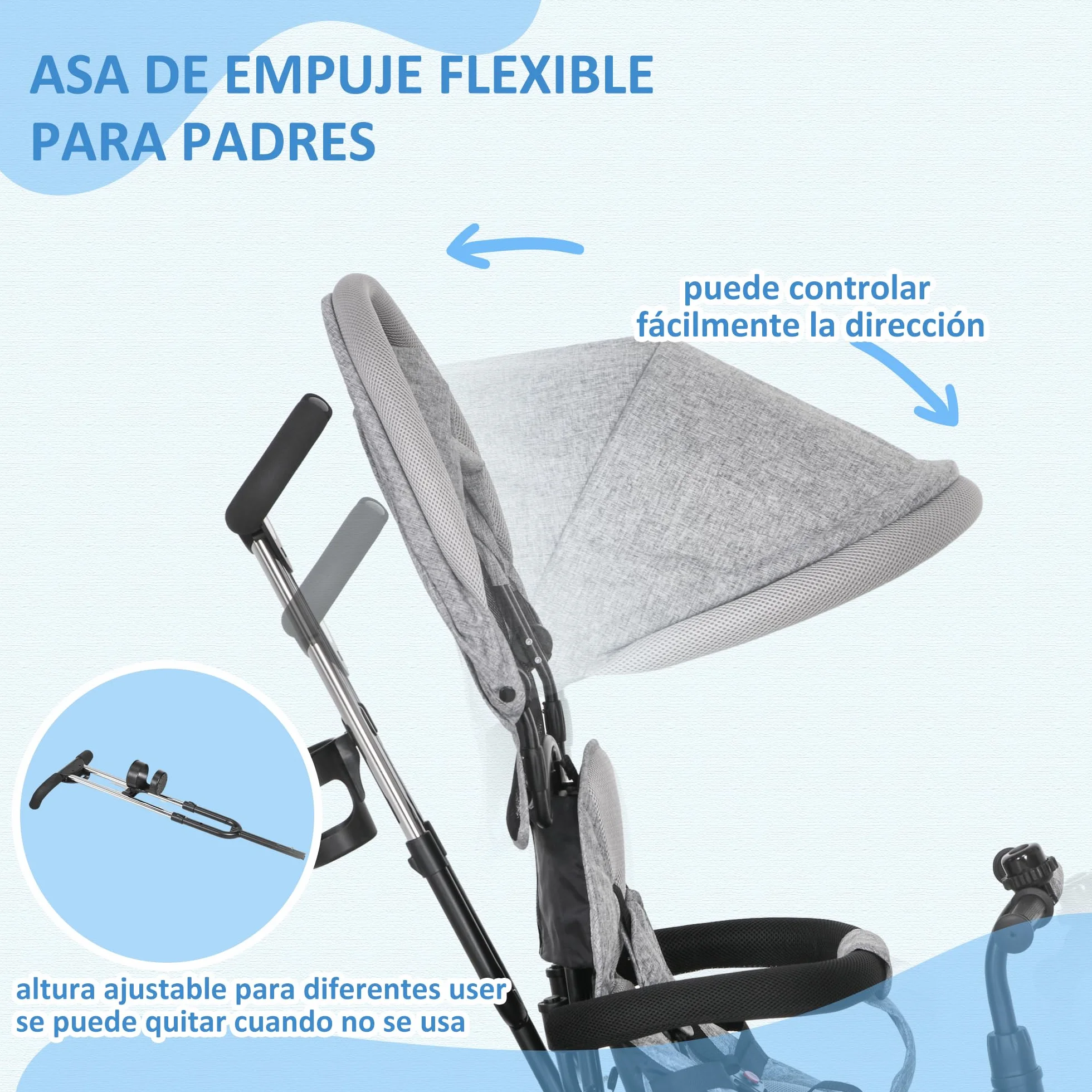 HOMCOM Triciclo Evolutivo para Bebés 6 en 1 Triciclo para Niños de 1-5 Años Bicicleta para Niños con Toldo Plegable Mango Telescópico Desmontable Cinturón de Seguridad y Cesto 95x50x106 cm Gris