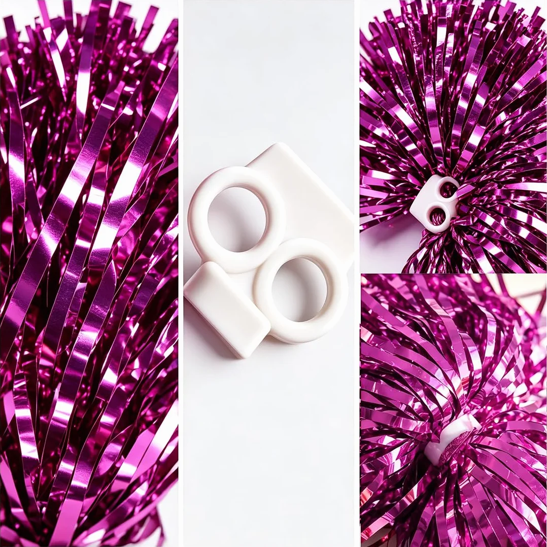 QUUPY pompones de animadora metálicos brillantes esponjosos con anillo de dedo rosa caliente