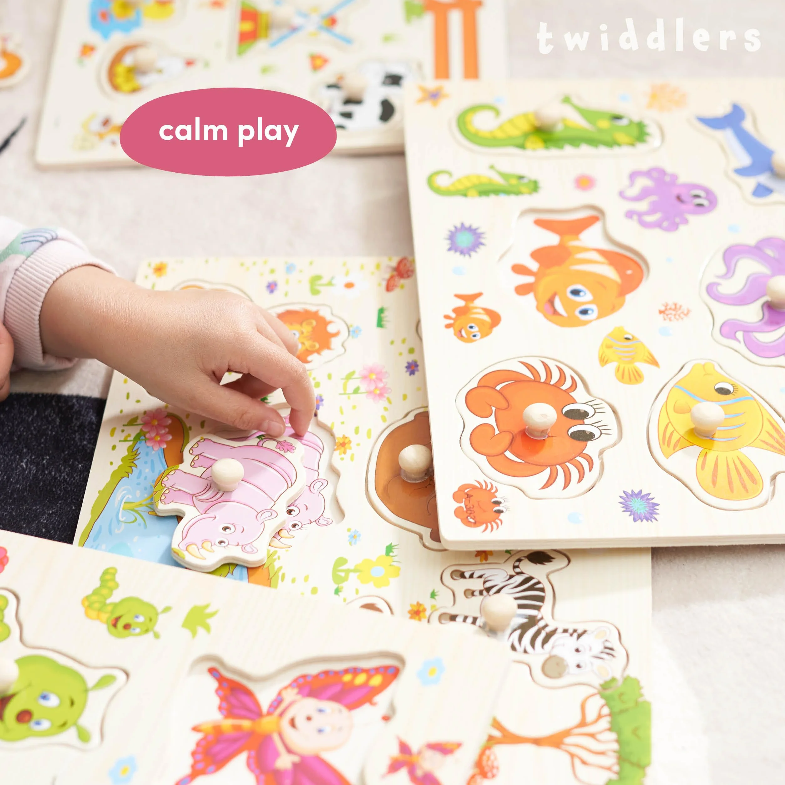 THE TWIDDLERS Set de 4 Puzles de Madera para Bebés Juguetes Educativos Montessori con Tiradores