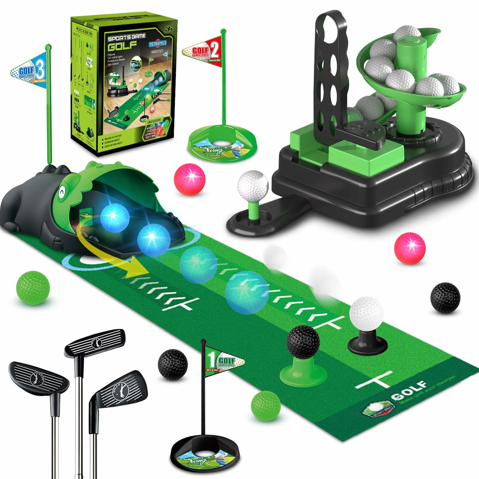 TERRAMUS Juego de Golf Infantil Mejorado, 3 en 1 con Lanzador automático de Pelotas de Dinosaurio y Pelotas con luz LED, minigolf para niños de 3 a 8 años