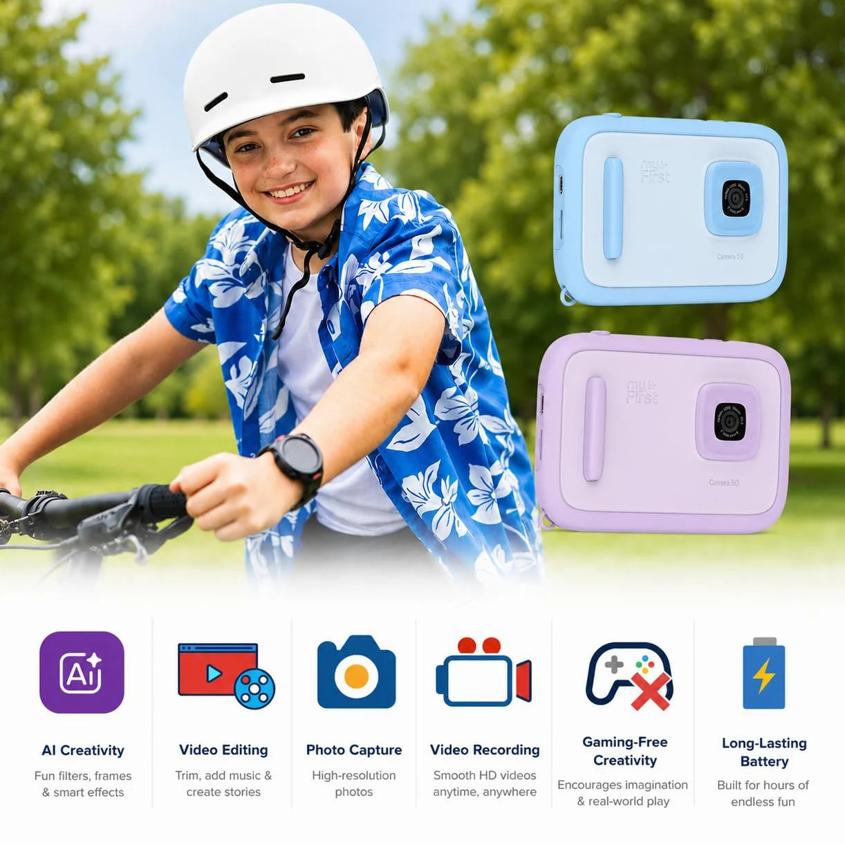 myFirst Cámara 50 - Cámara editora de IA para niños, Fotos de 20 MP, Video 1080P, Lente Frontal y Selfie. Conexión WiFi, Bluetooth, Escucha música. A Partir de 5 años. Conexión con myFirst Circle.