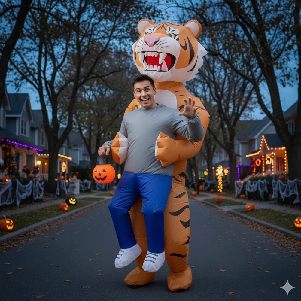 A2Z Disfraz inflable de tigre para adultos y mujeres con caja de batería de abanico, disfraz divertido de tigre inflable para hombres y mujeres, Halloween, fiestas y festivales, talla única