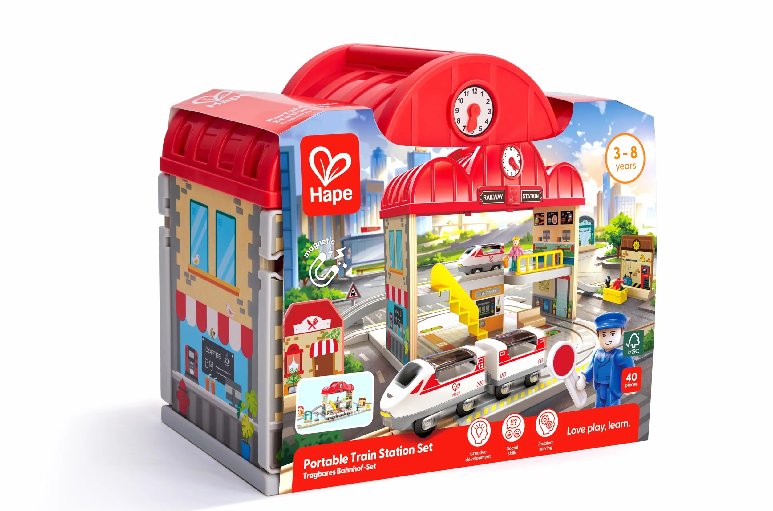 Estación de Tren de Madera portátil de Hape | Juego de Tren para niños | Vías, estación y Personajes | Fácil de Transportar