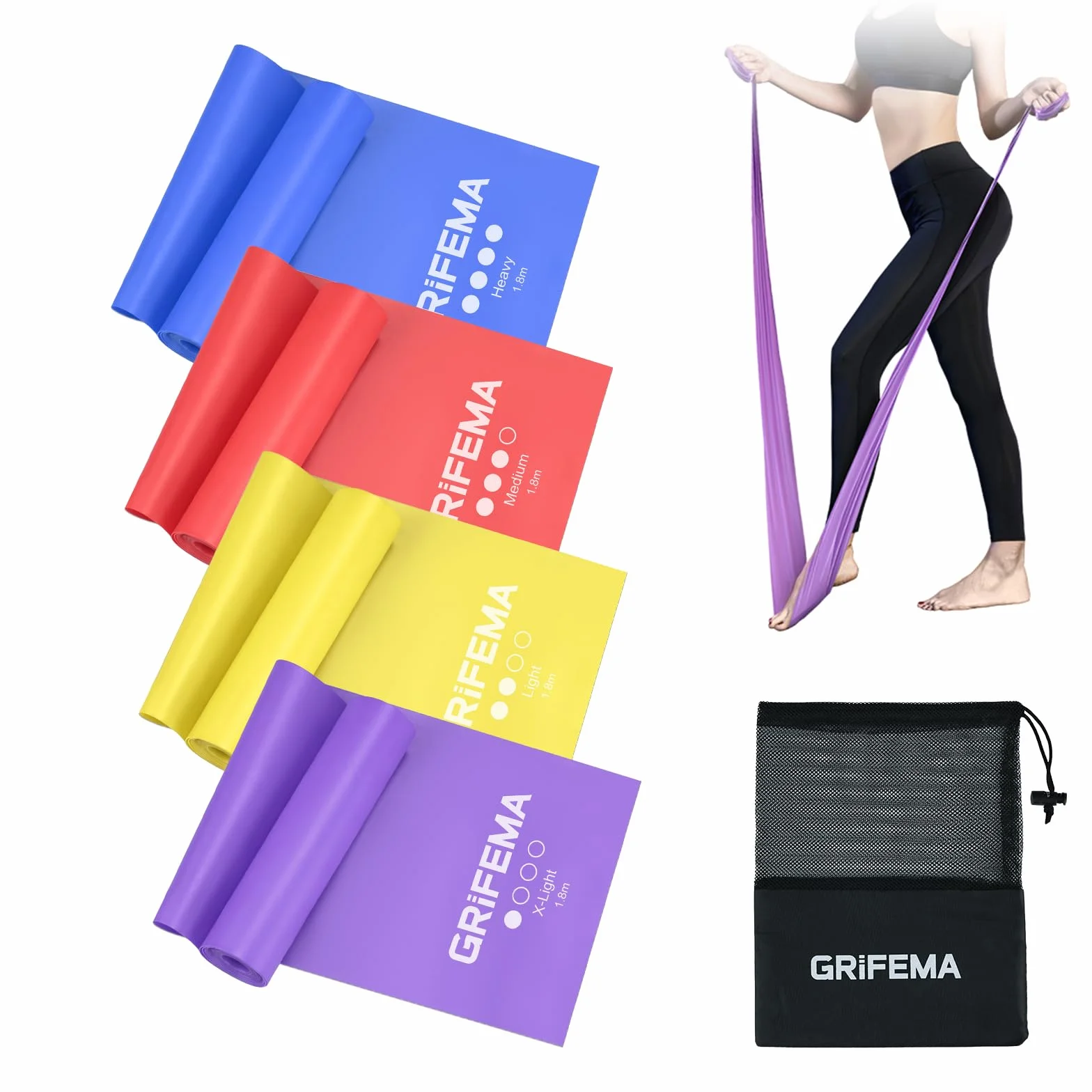GRIFEMA GA5002 Bandas Elasticas Fitness Set de 4 1.8M Cintas Elasticas 4 Niveles de Resistencia para Entrenamiento de Fuerza