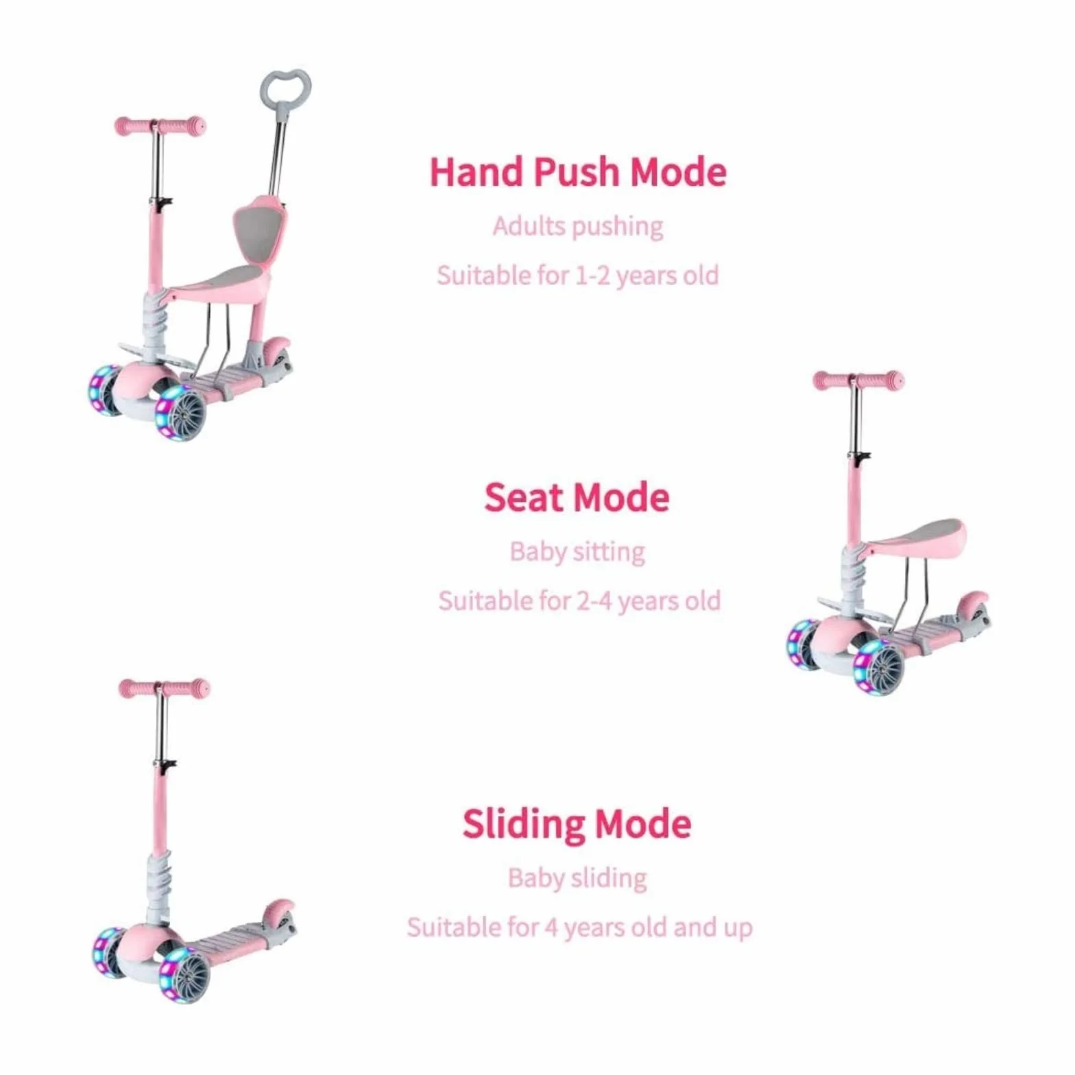 Patinete para Niños 5-en-1 con Asiento Extraíble, 3 PU Ruedas Parpadeantes, Manillar de Altura Ajustable, Respaldo cómodo, Fácil de Dirigir, Patinete Infantil para Niños y Niñas de 1 a 6 Años