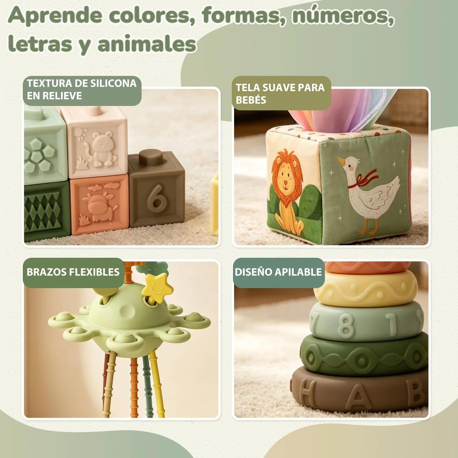 Juguetes Bebes 6 Meses, 5 en 1 Juguetes Montessori Bebes 6-12 Meses con Caja Pañuelos Bebe, Clasificación y Apilamiento de Formas, Bebe Mordedor & Educativos, Regalos Bebés Montessori 7 8 9 Meses