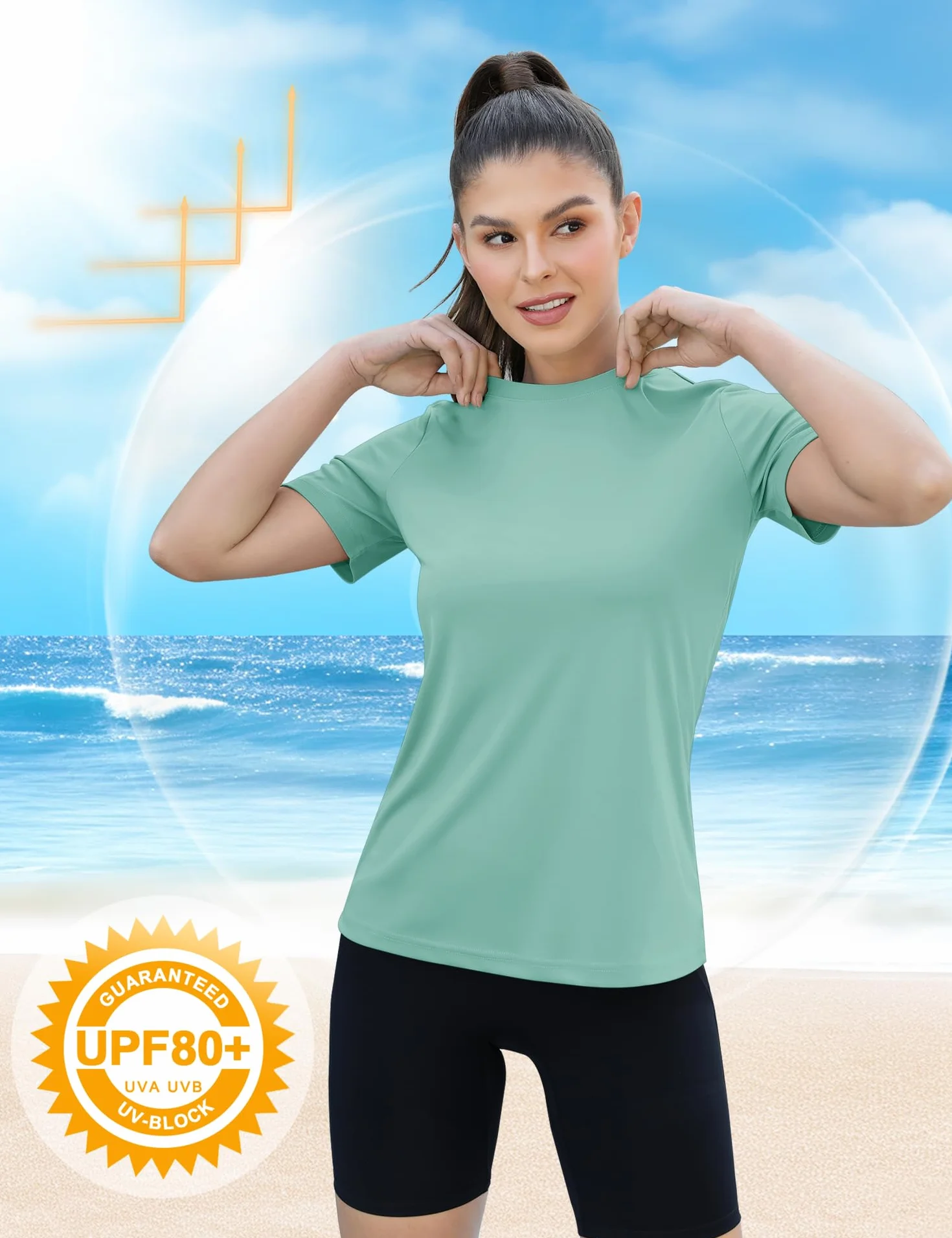 Rapbin Camiseta Deportiva Mujer Manga Corta UPF 50+ Transpirable Cuello Redondo Fitness Correr