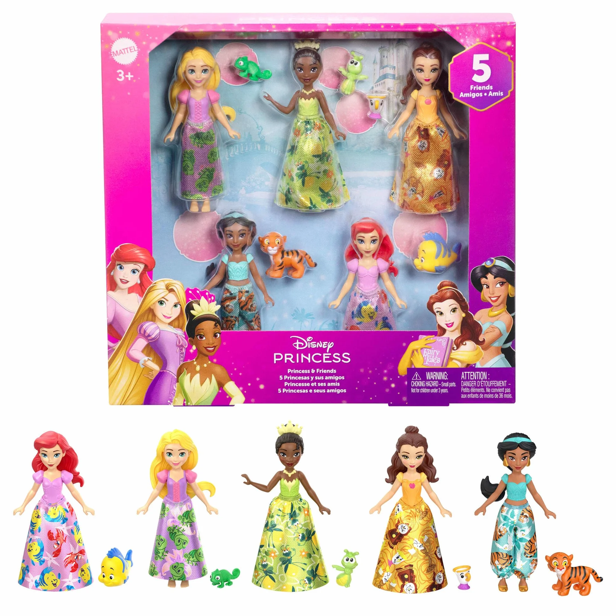 Mattel Disney Princesas y amigos Conjunto de juego con cinco muñecas pequeñas articuladas con faldas o pantalones extraíbles y cinco figuras de amigos, inspiradas en las películas de Disney, JBL33