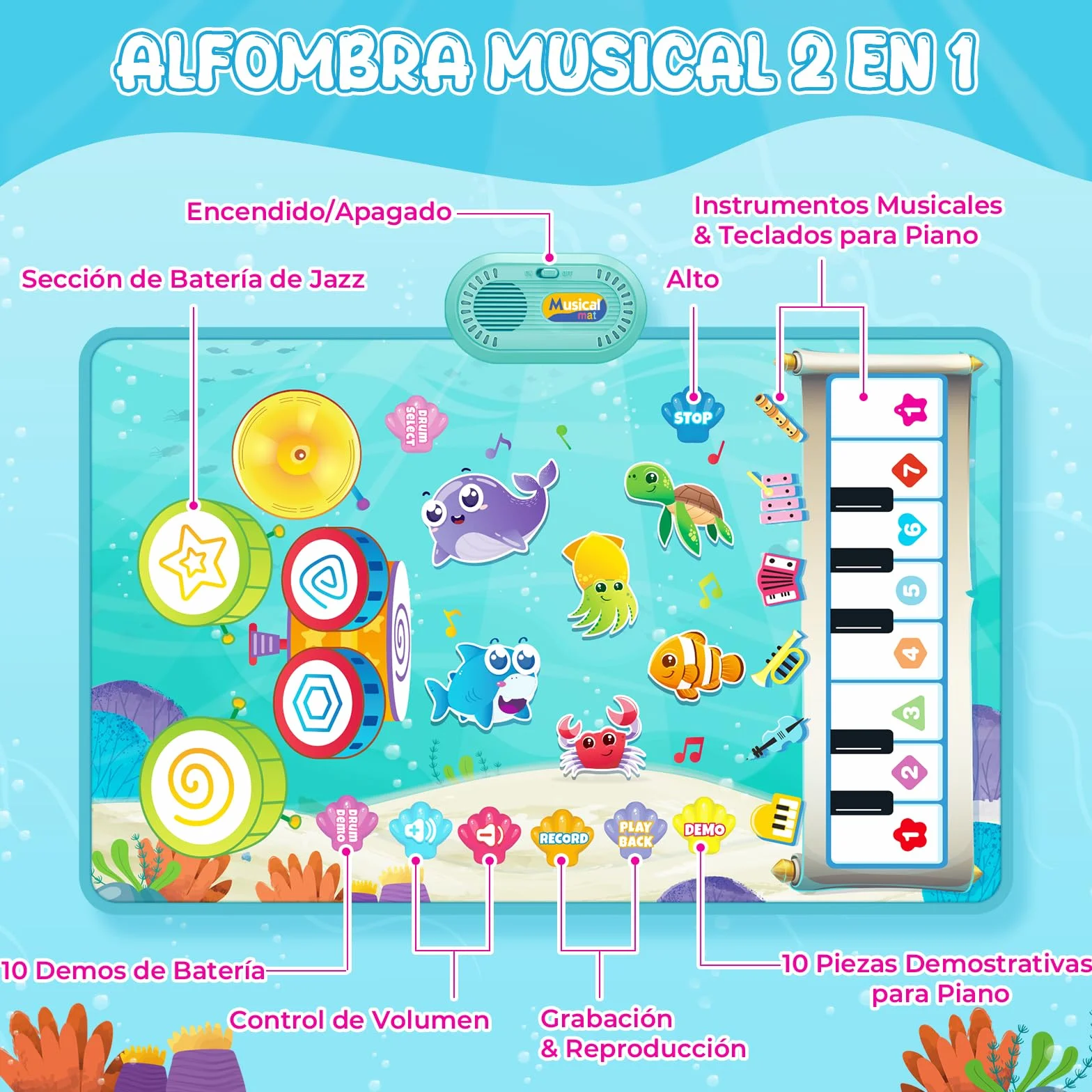 Juguetes 1 Niños Año, Alfombra Musical para Bebés con Piano, Tambor y 6 Animales Marinos, Regalo Ideal para Bebé Niños de 1 a 3 Años (Cumpleaños, Navidad, Bautizo)