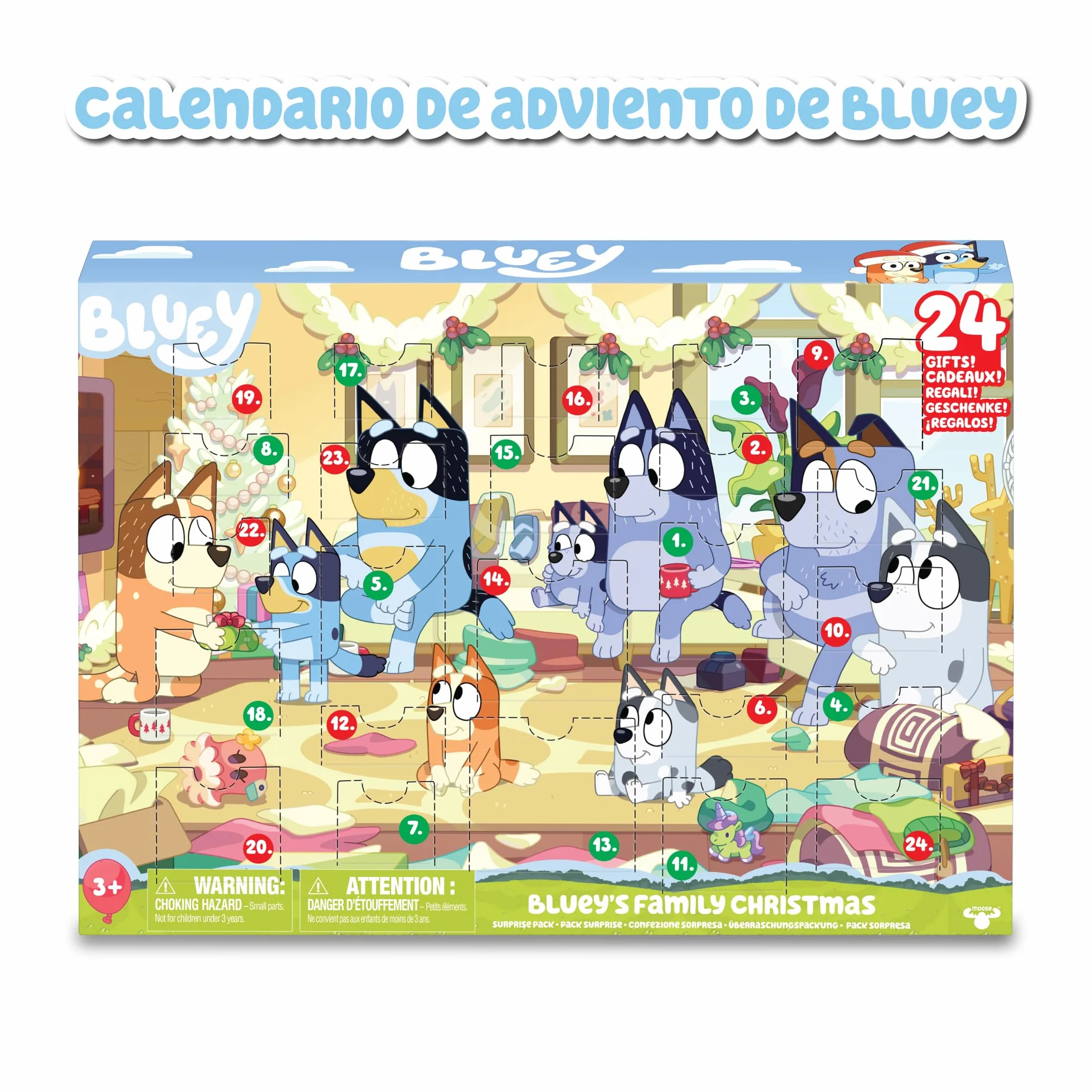 Bluey - Calendario de Adviento, calendario con 24 piezas, incluye figuras de la serie y accesorios, para niños y niñas +3 años de edad, Famosa (BLY54000)
