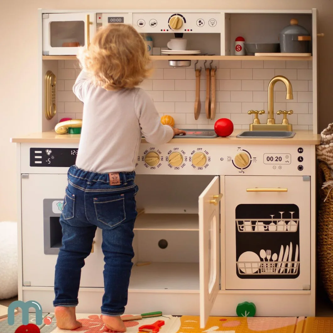 Mamabrum Cocina de Juguete para Niños de Madera con Luces LED - Juguetes Cocina Niños Interactiva con Altura Ajustable - Incluye Microondas, Lavavajillas y Accesorios - 104cm