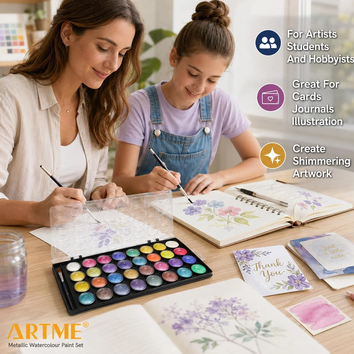 Artme Acuarelas/Paletas metálicas para pasteles de pintura de acuarela con un pincel de artista, 36 colores vibrantes