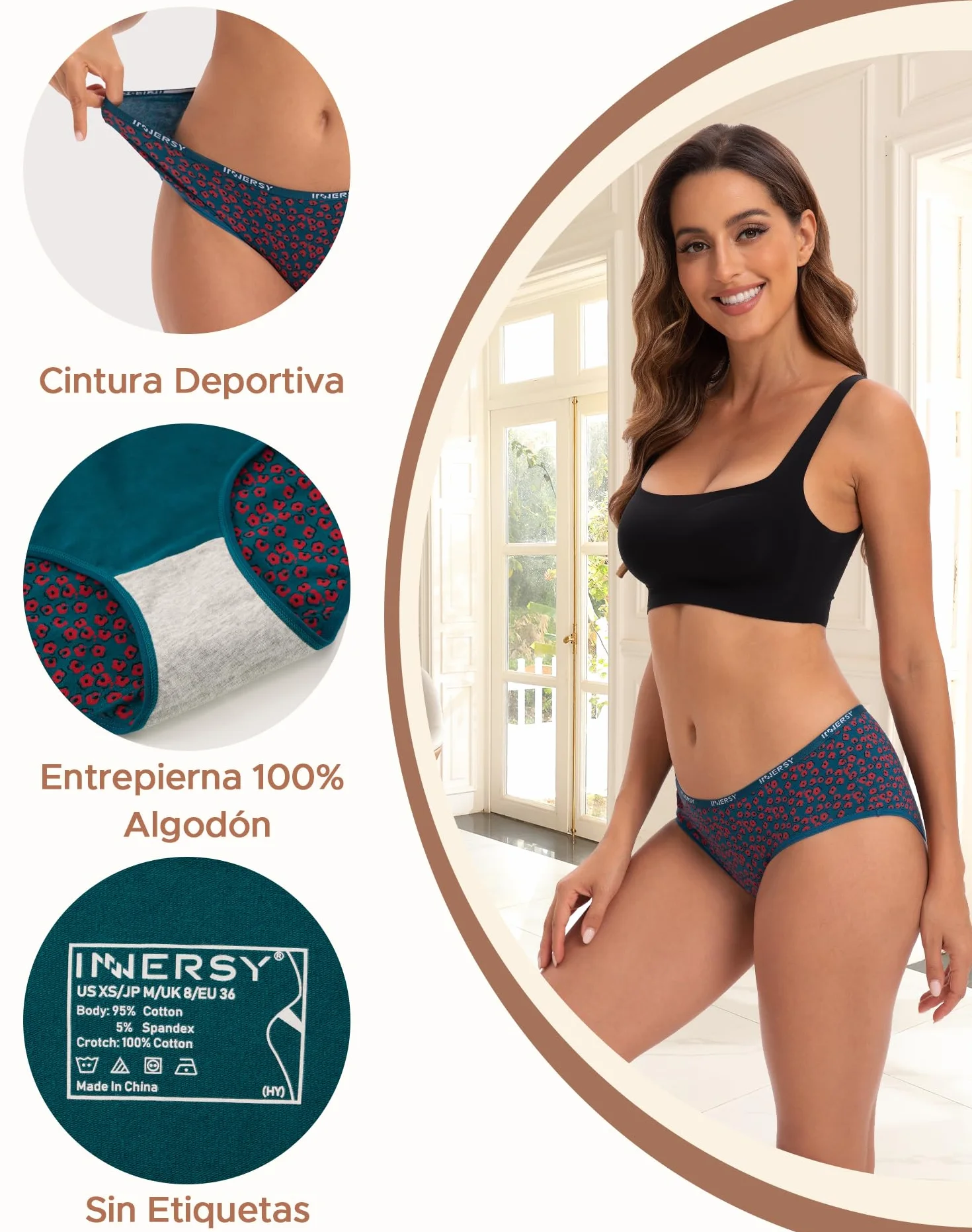 INNERSY Bragas Mujer Algodón Culotte Cintura Midi Pack de 6
