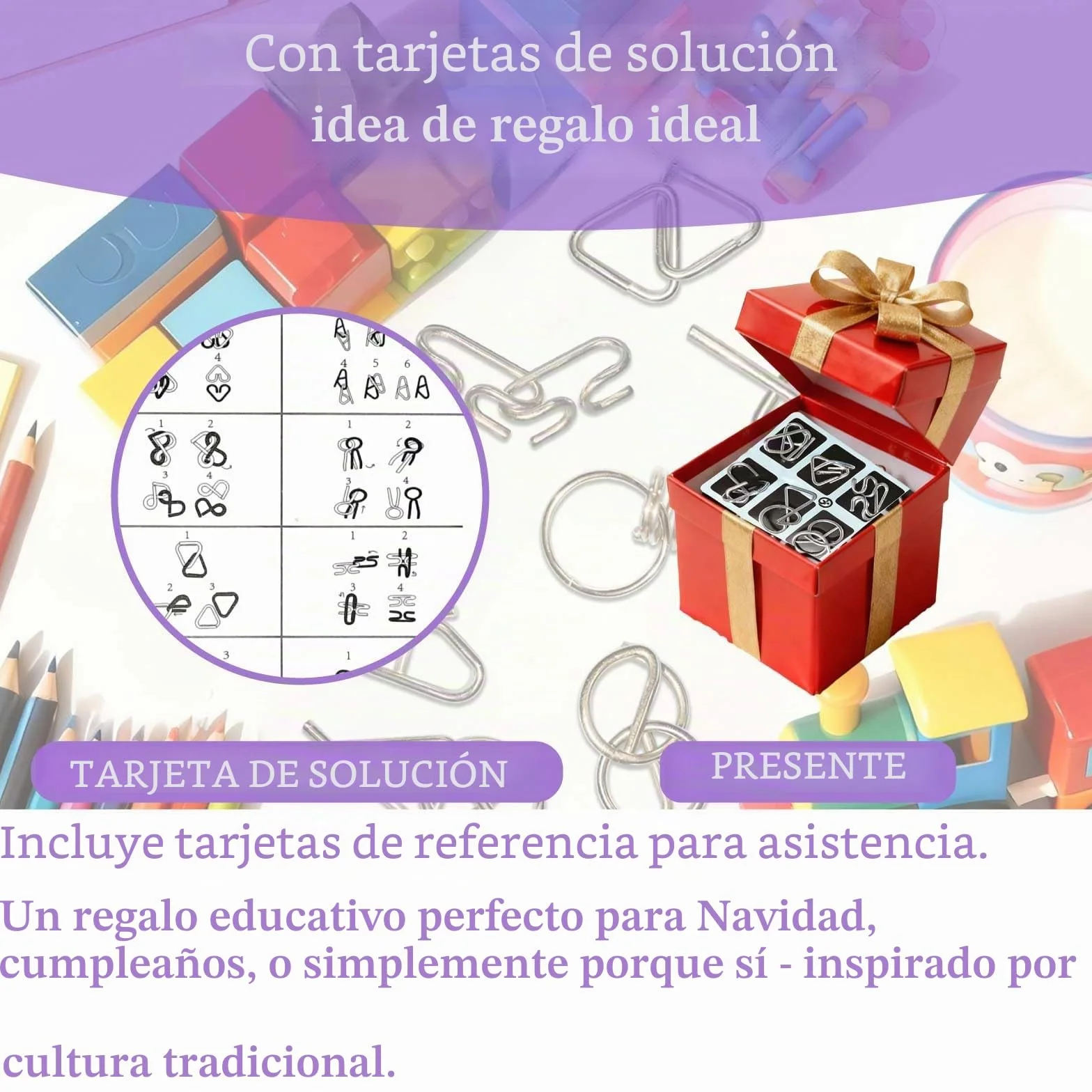 Juego de 16 piezas de rompecabezas IQ para juegos de ajos para adultos y niños a partir de 6 años, juegos de habilidad con tarjetas de solución, juguetes educativos, juegos de viaje, idea de