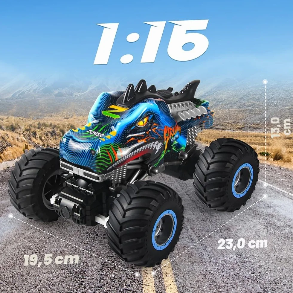 Coche teledirigido 1:16 RC Dinosaurios Monster Truck 2.4GHz 20 Km/h Radiocontrolado Todo Terreno con Niebla rociadora música Luces LED Regalo para niños de 4 5 6 8 años