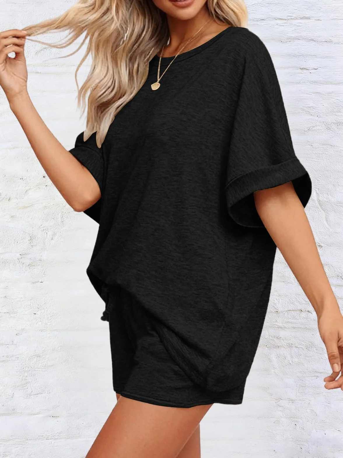 Mujer Chándal 2 Piezas Pantalones Cortos Verano Camiseta Bolsillos Cuello Redondo