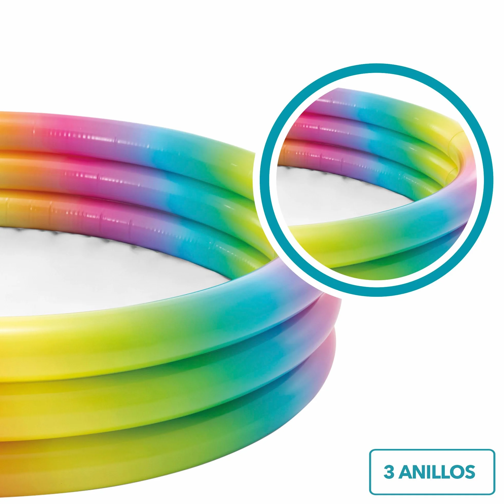 Intex Piscina Hinchable Infantil, 147x33 cm, 330 litros, diseño arcoíris, 3 cámaras de Aire con Doble válvula, Vinilo Resistente, Uso Exterior, Incluye Parche de reparación, niños +2 años (58439)