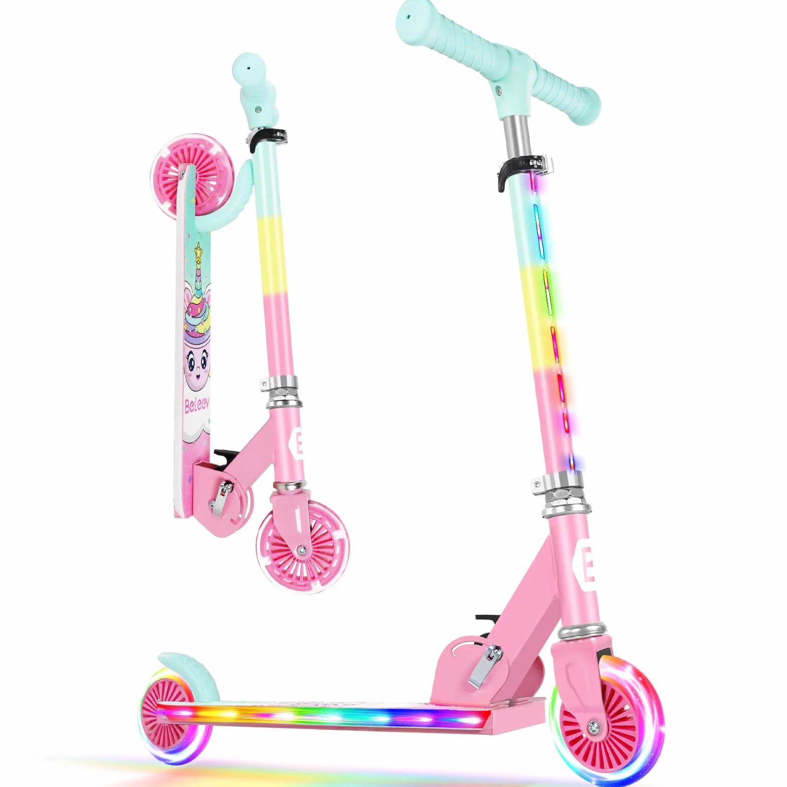 BELEEV V2 Patinete Infantil 2 Ruedas Plegable con Luces LED, 3 Alturas Ajustable para Niño Niña 3-12 Años