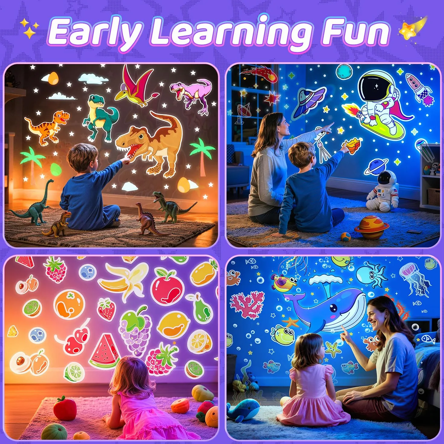 One Fire Proyector Estrellas, Regalo Niña y Luz Nocturna Infantil con 315 Modos & 15 Films, Juguete Educativo 360° como Ayuda para Dormir, Recargable con 15 Músicas, Mando y Temporizador