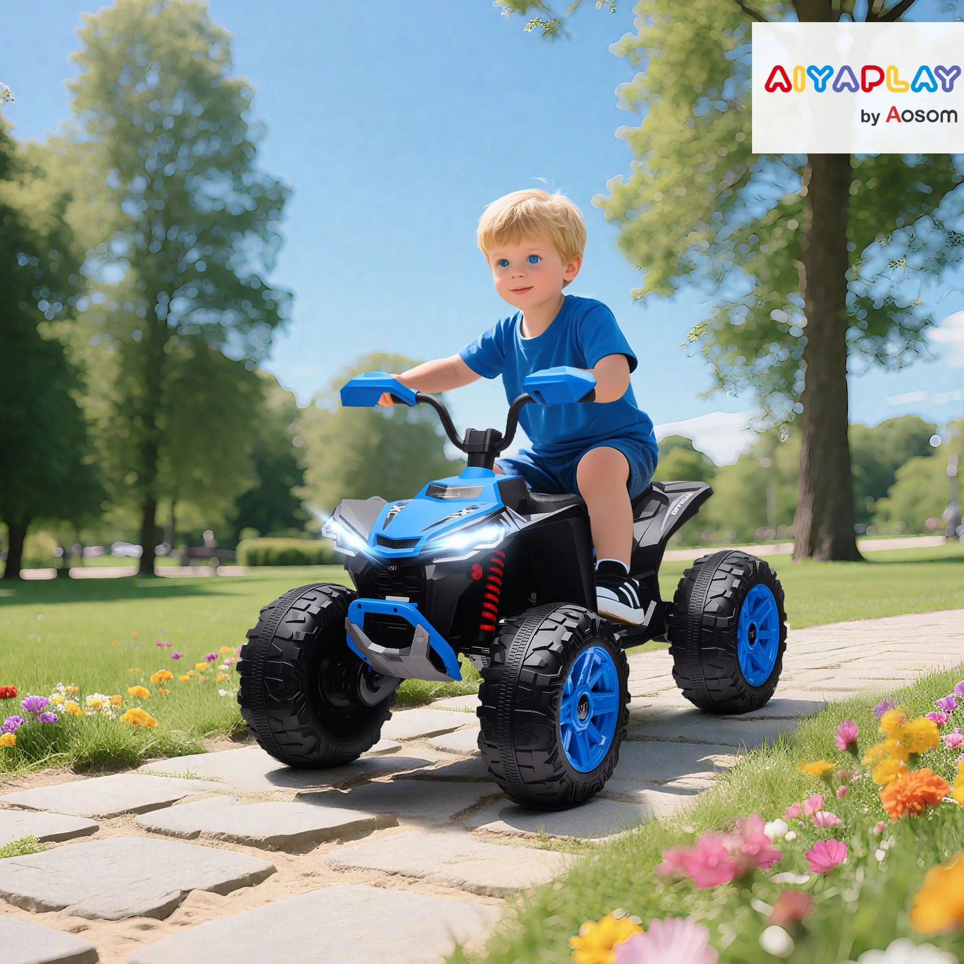 AIYAPLAY Quad Eléctrico para Niños 24V 2 Plazas 2 Motores 6,5 km/h Ruedas Suspensión Faros Bocina Música USB Azul