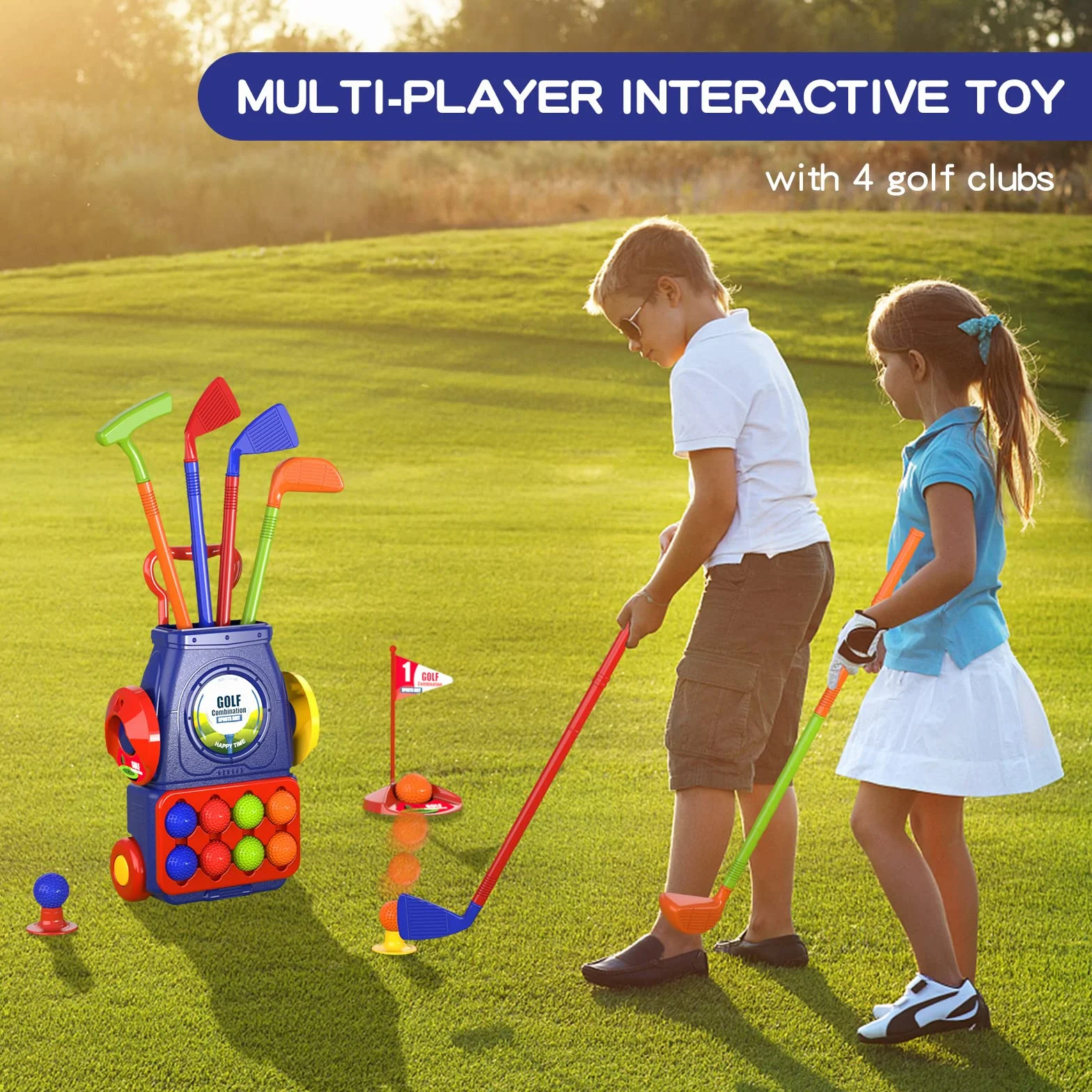 QDRAGON Juego de Golf para Niños, Mini Golf con 4 Palos de Golf, 8 Pelota de Golf, Carro de Golf, Juguetes de Golf Regalo para Infantil Niños, Niñas 3, 4, 5 6 Años