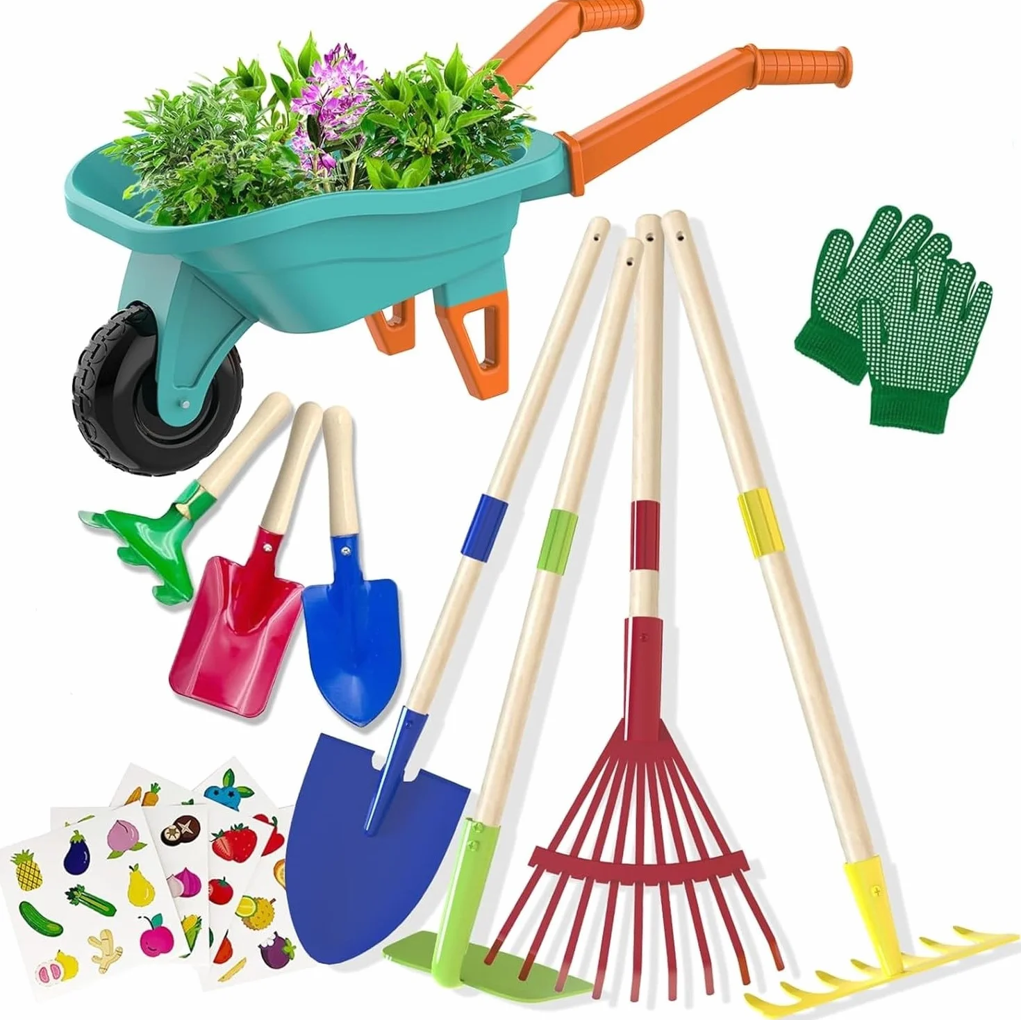 LATERN Juego de Herramientas de Jardinería para Niños, 70CM Carretilla con 70CM Metálica Pala Rastrillo Azada Hojas Rastrillo 20CM Pala Rastrillo Guantes para Exteriores Jardín Patio Césped Excavación